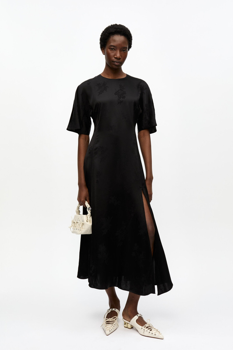 GANNI BLACK FLUID SATIN JACQUARD SLIT DRESS outlook