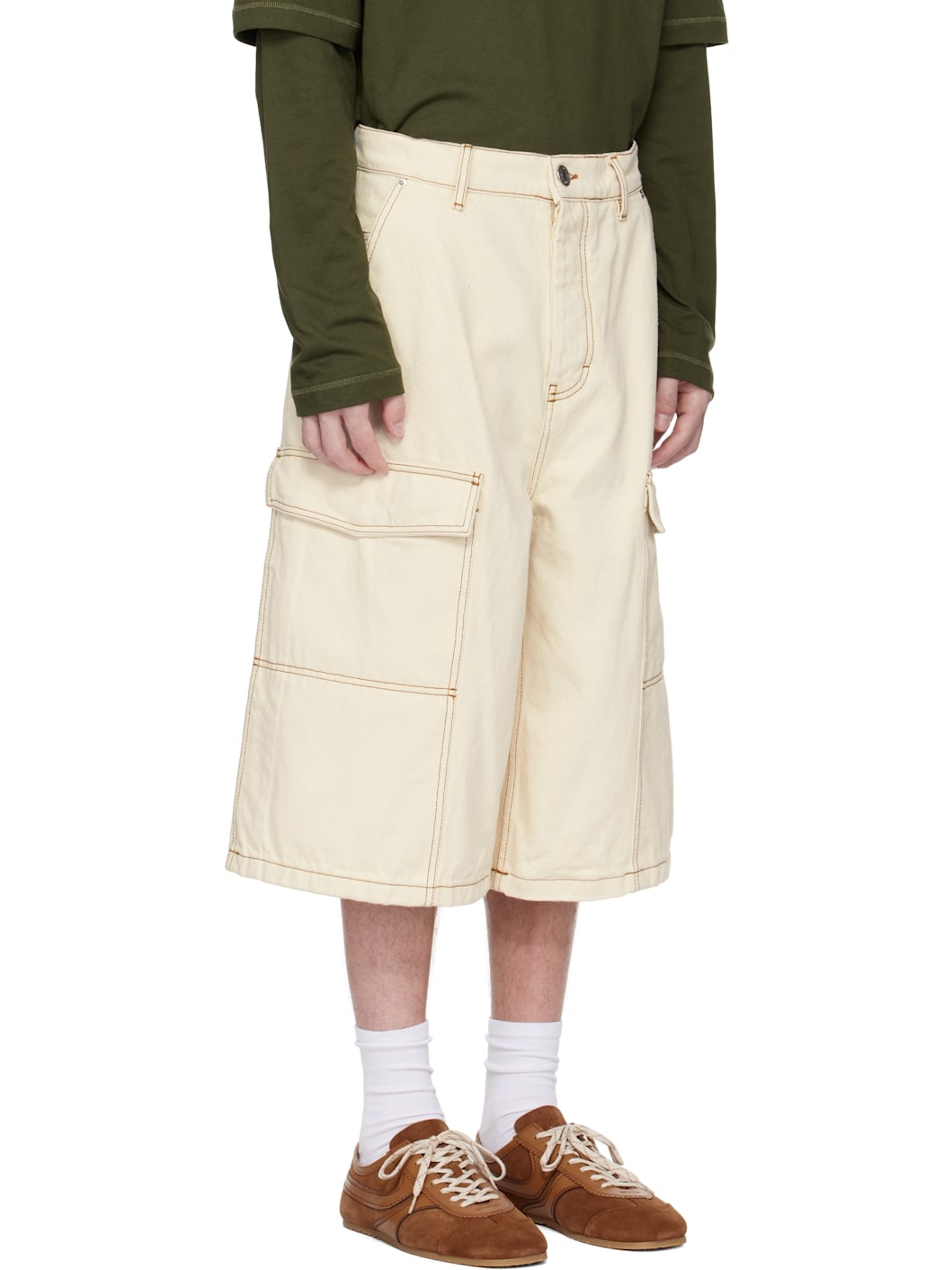 Beige Cotton Wide Fit Bermuda Cargo Shorts - 2