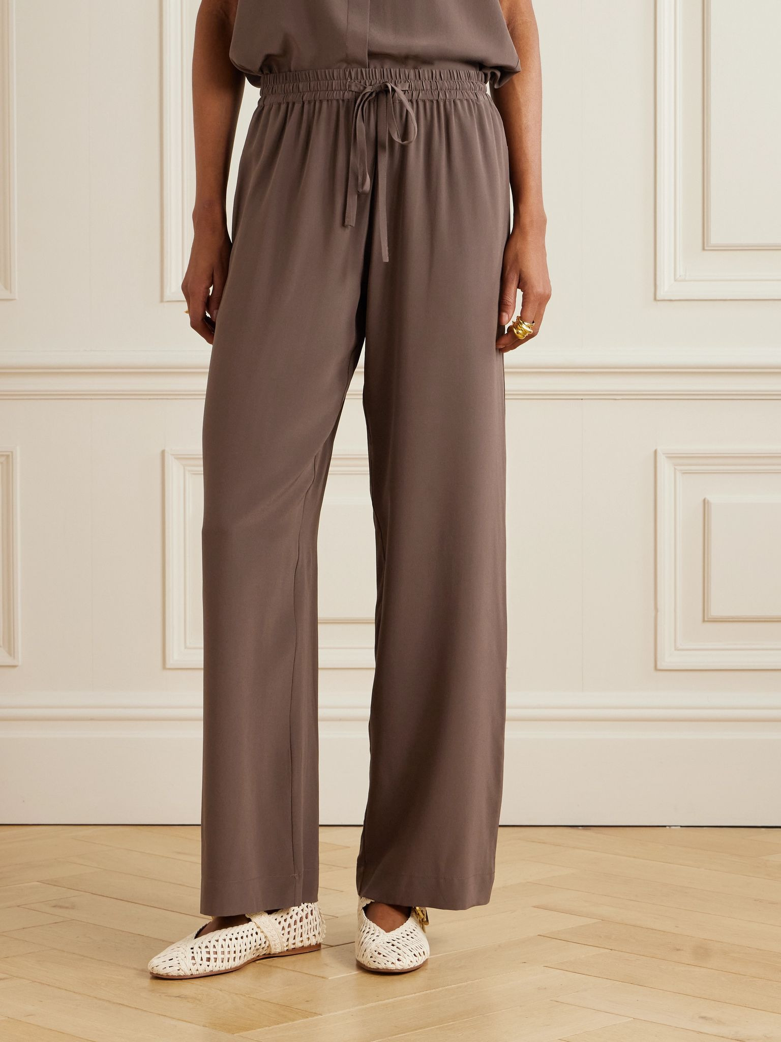 Silk crepe de chine track pants Brown - 3