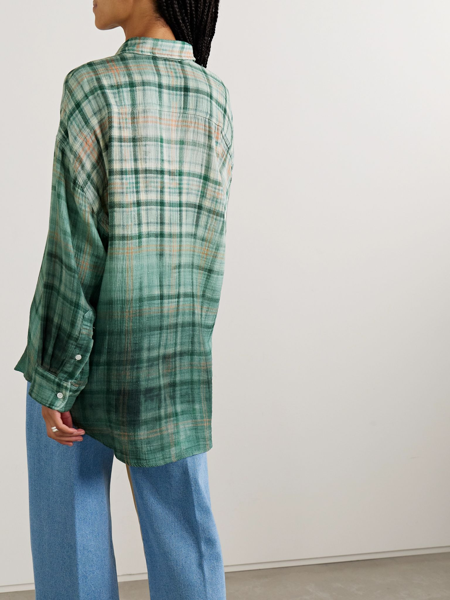 Drop Neck checked slub cotton shirt Multi - 4