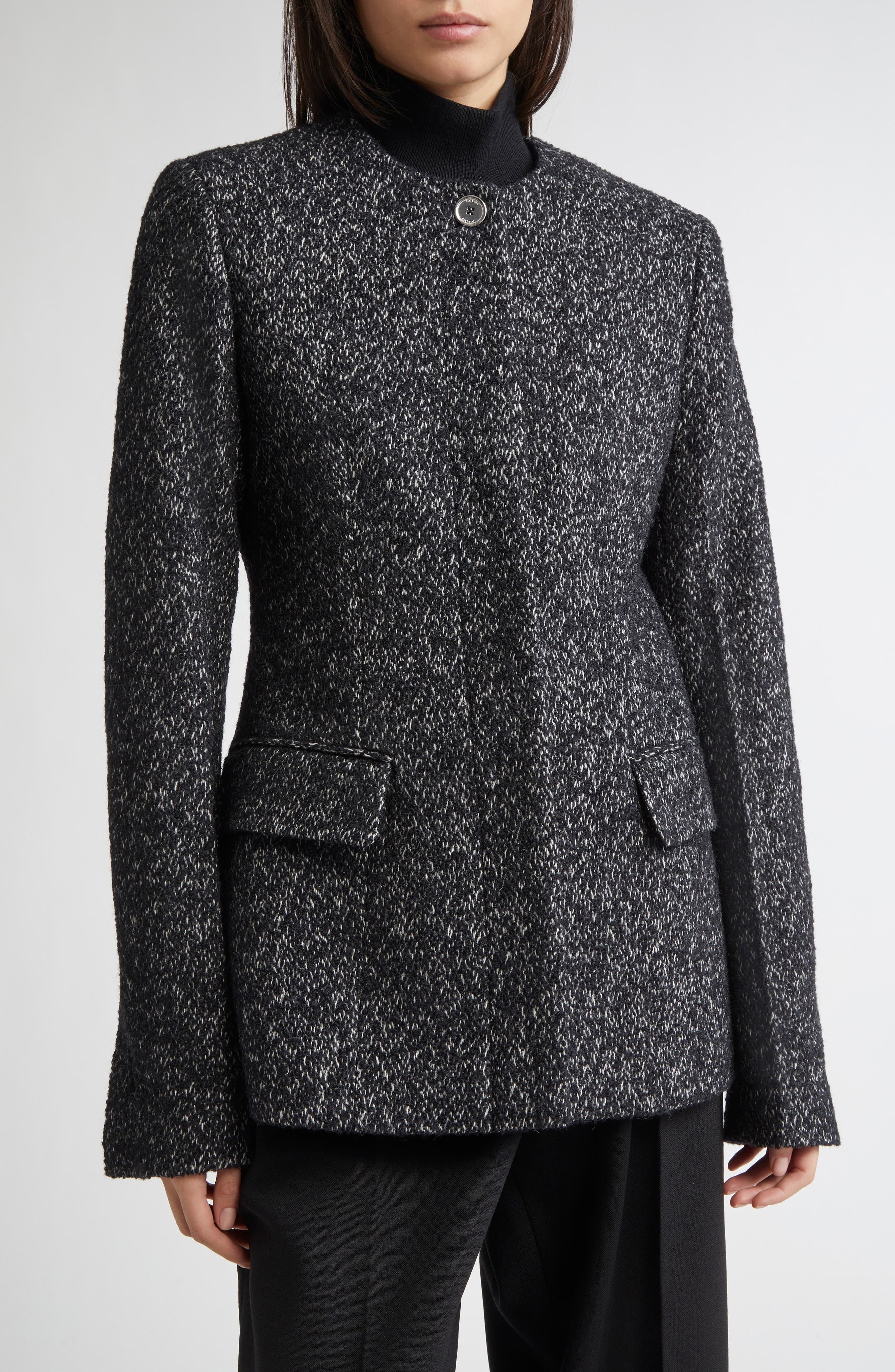 TOTEME Collarless Cinched Wool Blend Jacket in Black/White at Nordstrom - 5