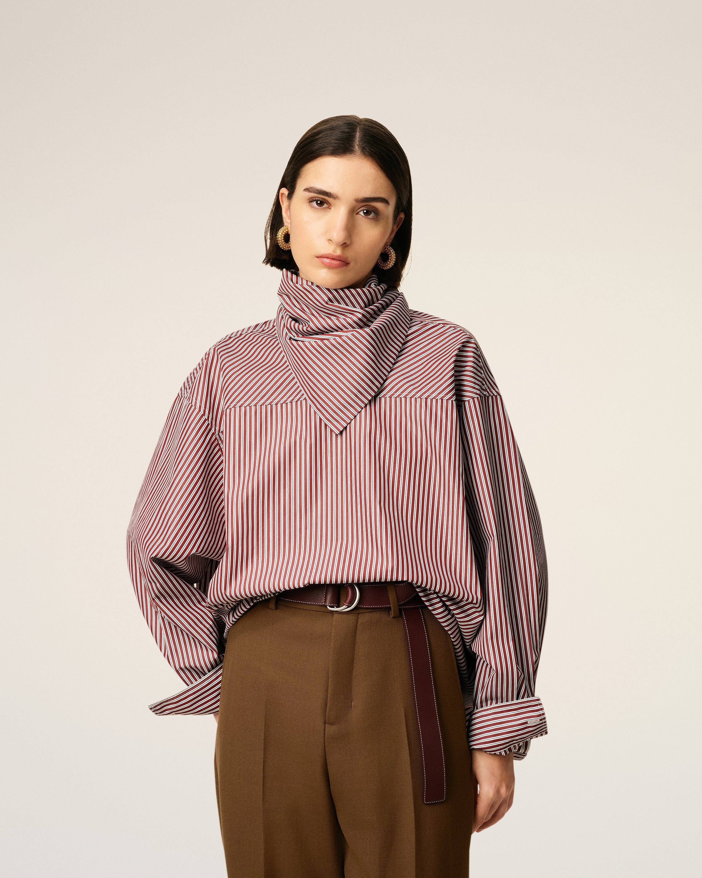 BURGUNDY COTTON LONG SLEEVES STRIPED BANDANA BLOUSE - 3