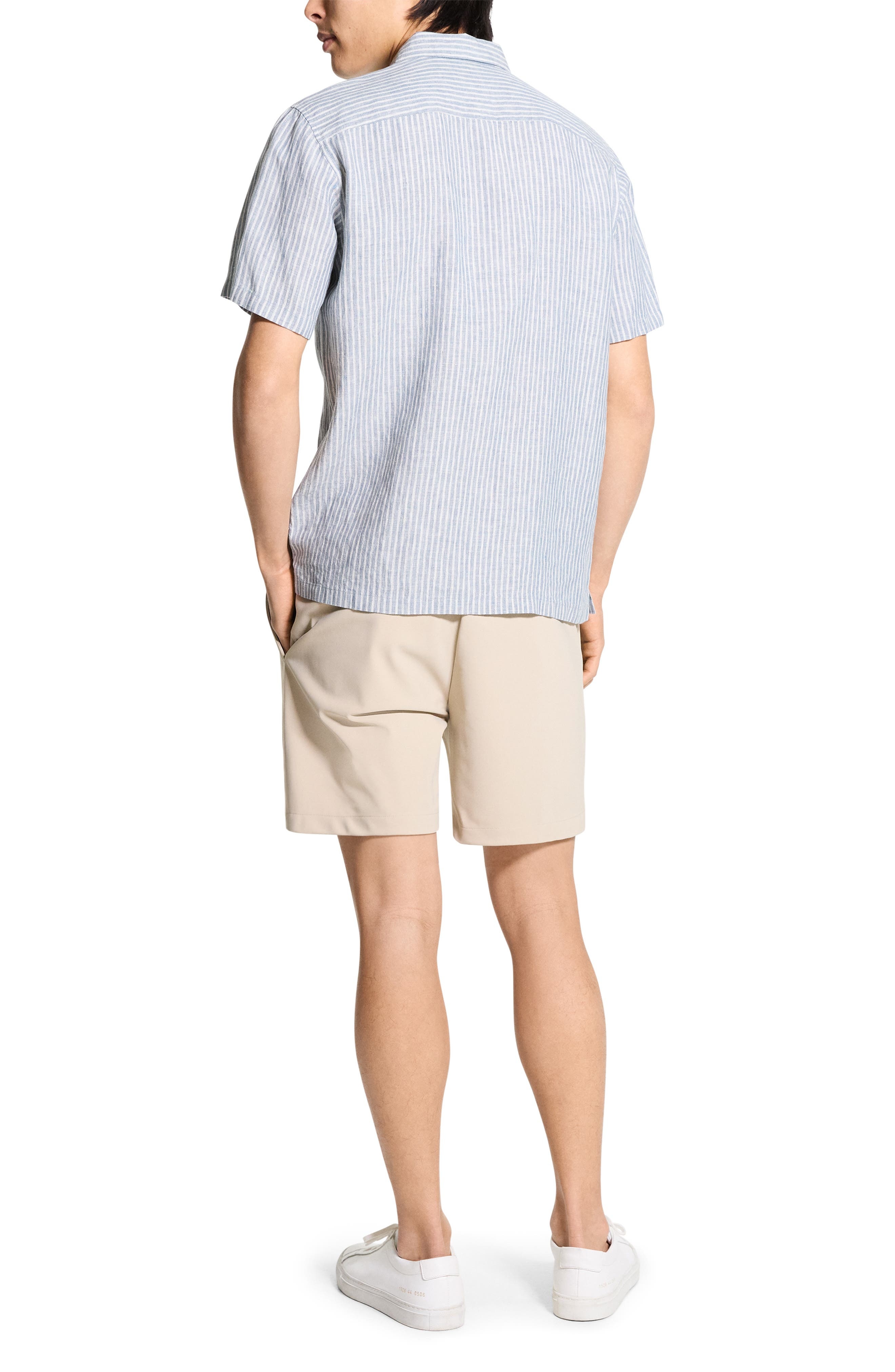 Theory Irving Stripe Short Sleeve Linen Button-Up Shirt in Dark Rainstorm/Eggshell at Nordstrom - 8