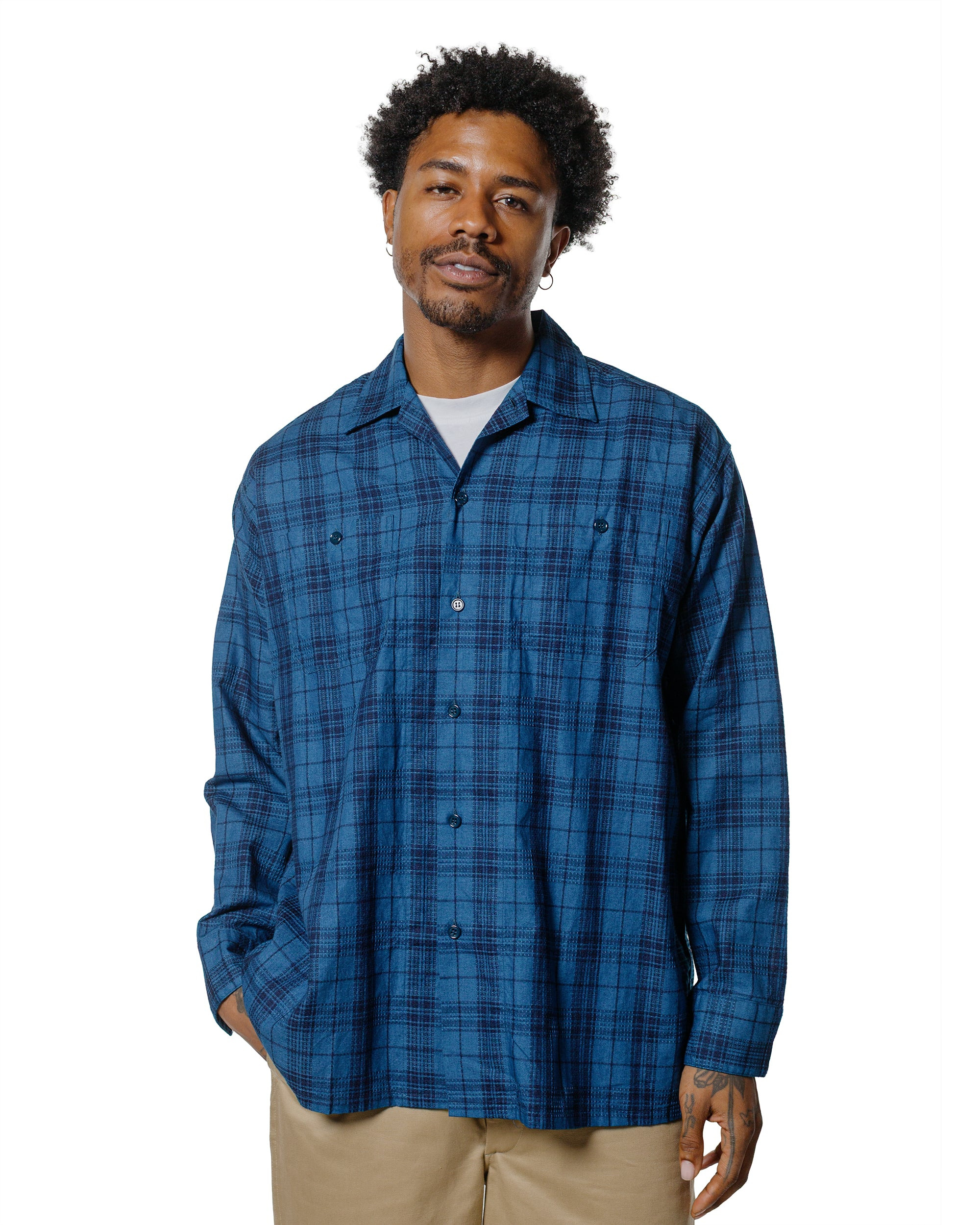 MIL Open Collar Indigo Dobby Plaid Wide Plaid - 2