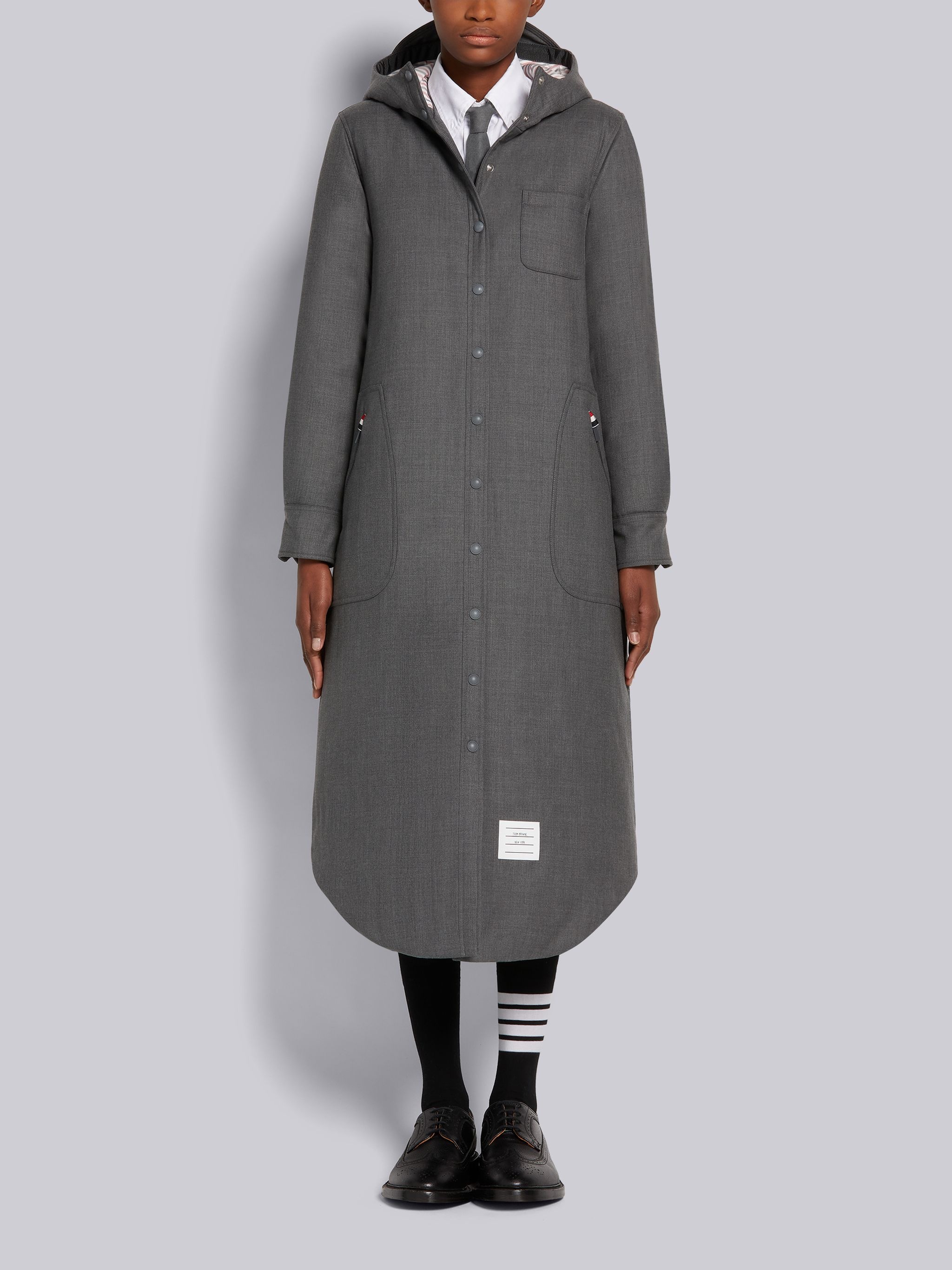 Medium Grey Down-filled Super 120's Wool Twill Drawstring Mid-calf Hooded Shirtdress - 1