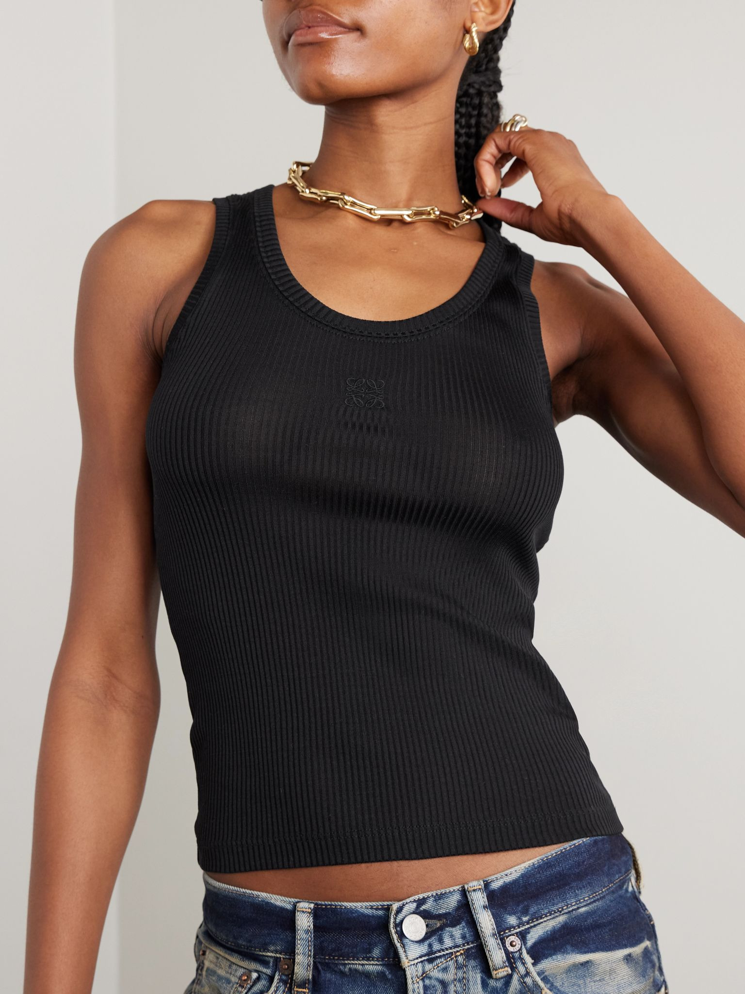 Anagram embroidered ribbed silk-jersey tank Black - 3