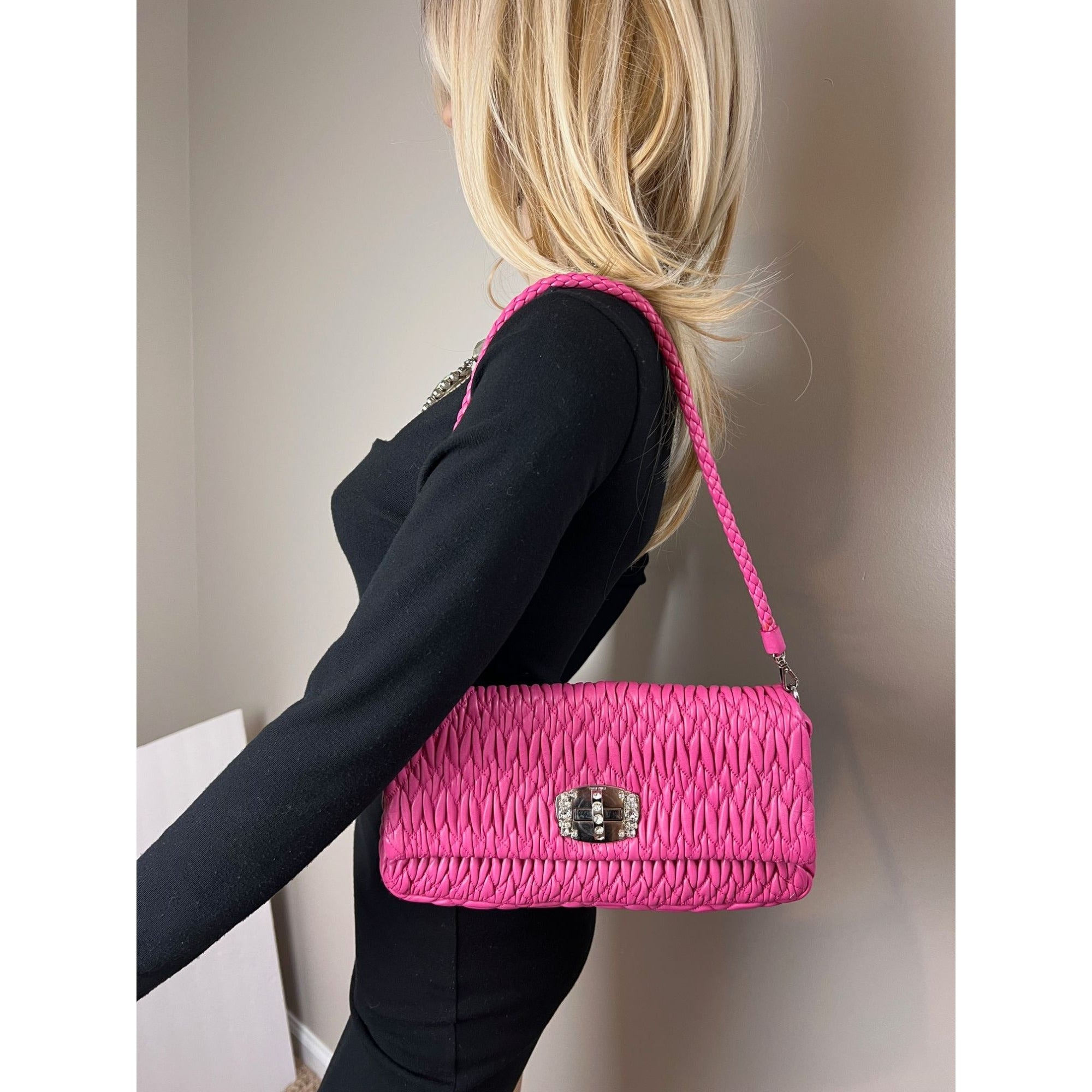 MiuMiu - MiuMui Pink Lambskin Nappa Crystal Shoulder Clutch Bag - 10