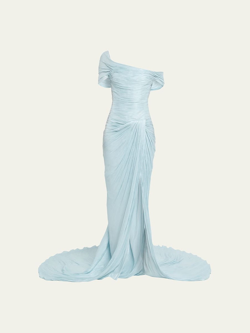 Off-The-Shoulder Pleated Satin Twisted Slit Gown 1