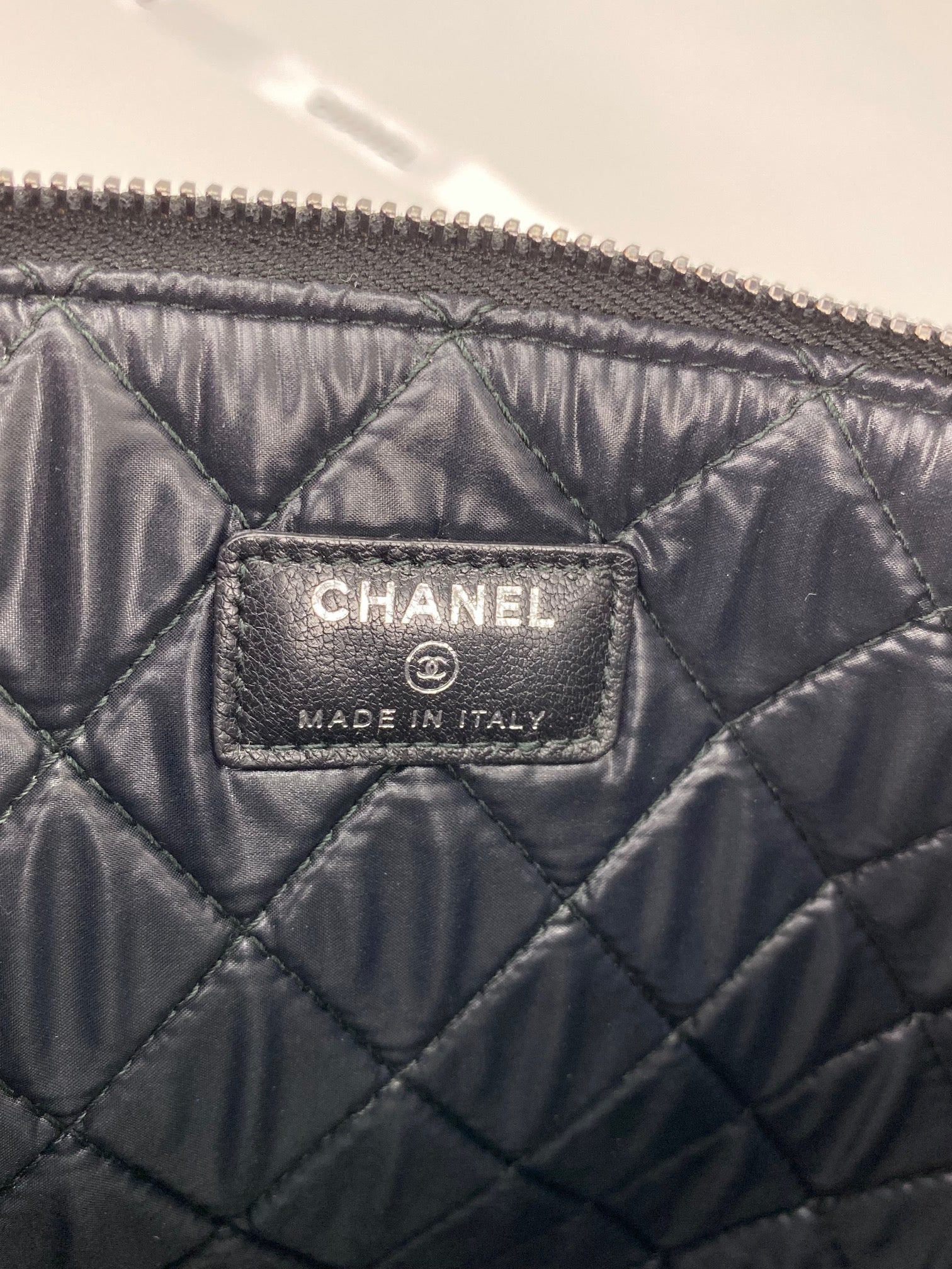 Chanel Quilted Lambskin Leather Black Blue Large Boy Zip Pouch Added Chain - 11