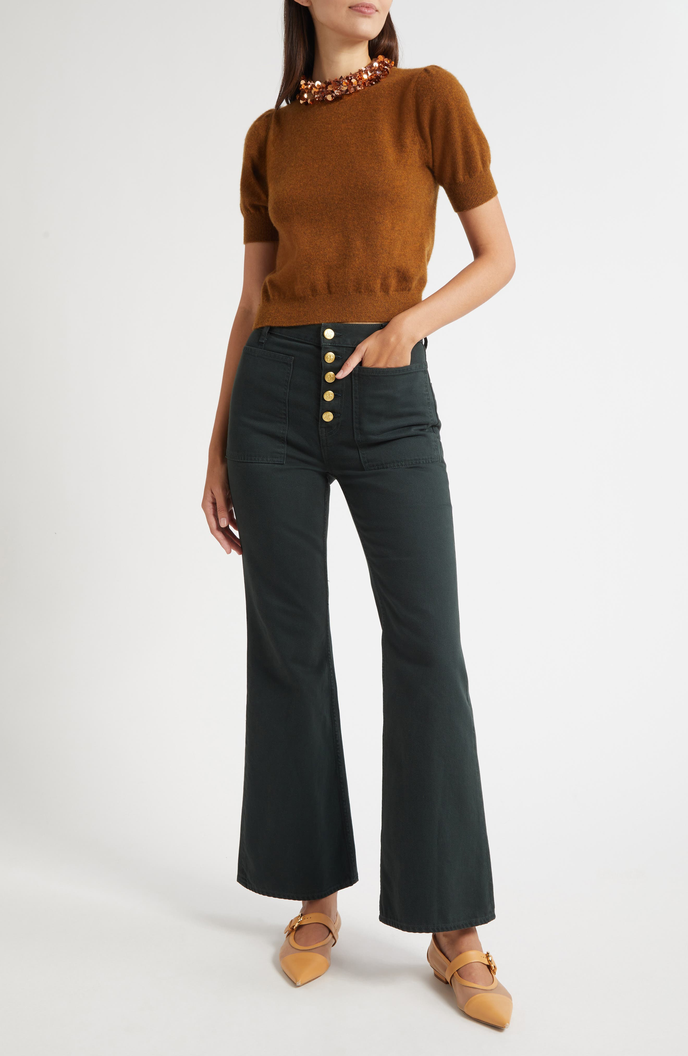 Ulla Johnson Crystal Collar Short Sleeve Cashmere Sweater in Umber at Nordstrom - 2