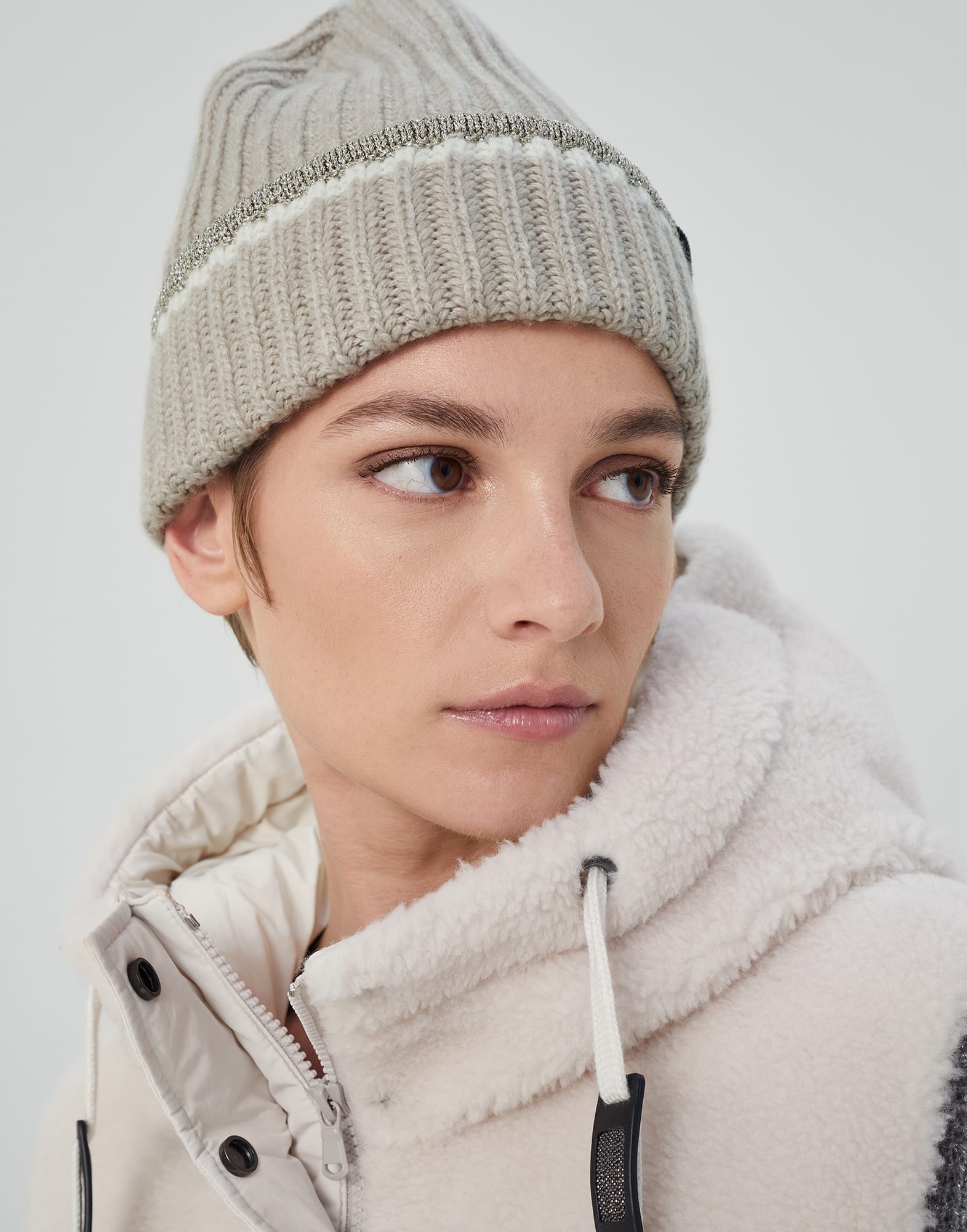English rib knit beanie in cashmere feather yarn with sparkling trim and monili - 3