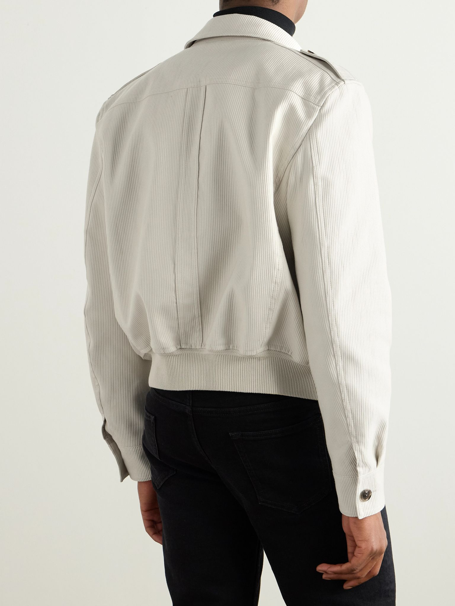 Slim-Fit Leather-Trimmed Cotton-Corduroy Jacket Cream - 3
