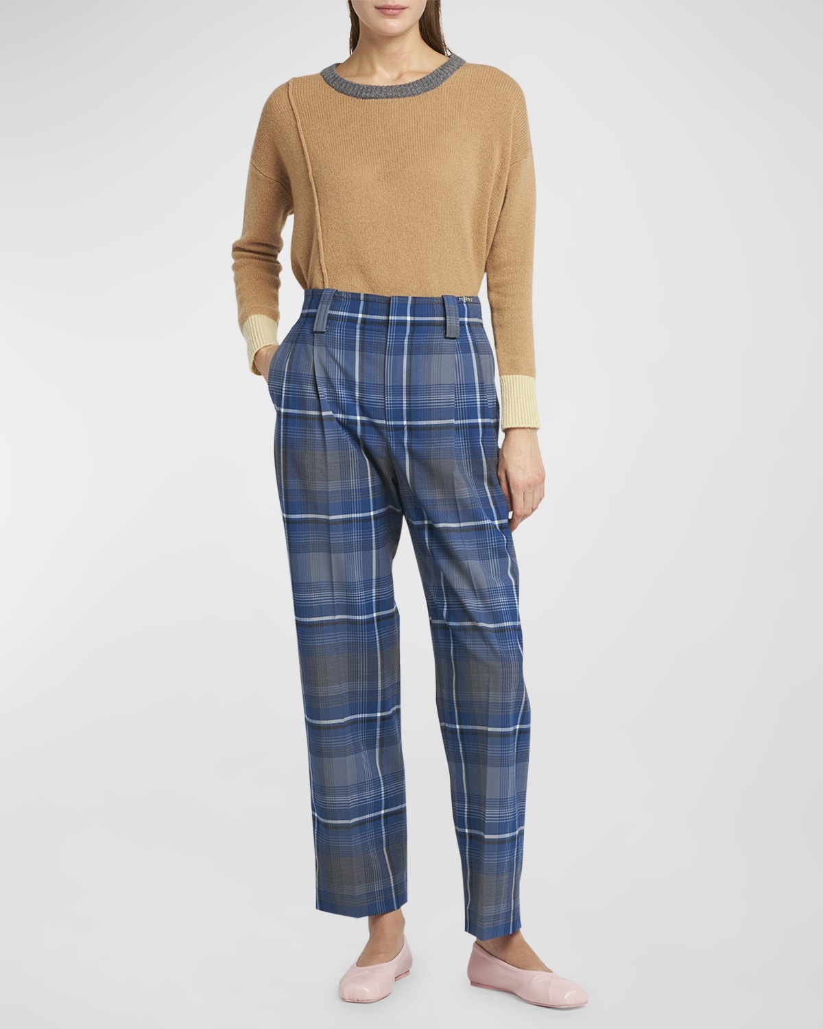 Mid-Rise Check Double-Pleated Straight-Leg Trousers - 3
