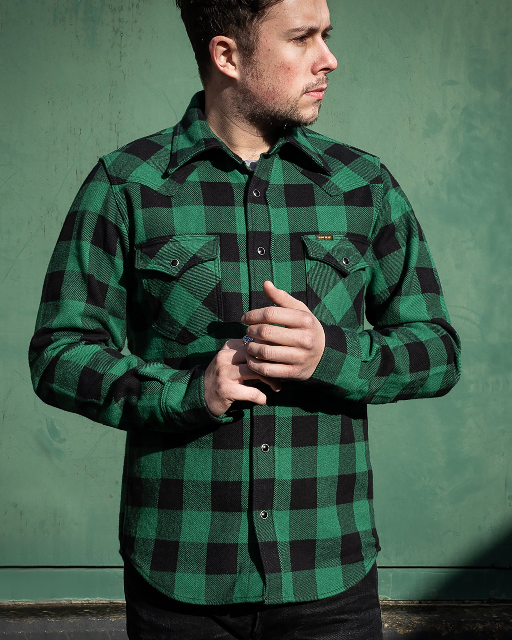 IHSH-232-GRN Ultra Heavy Flannel Buffalo Check Western Shirt - Green/Black - 11