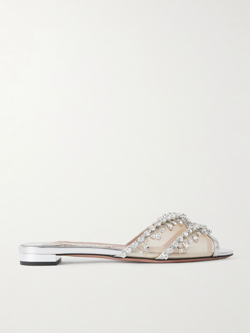 Temptation crystal-embellished mesh-trimmed metallic leather slides Silver 1