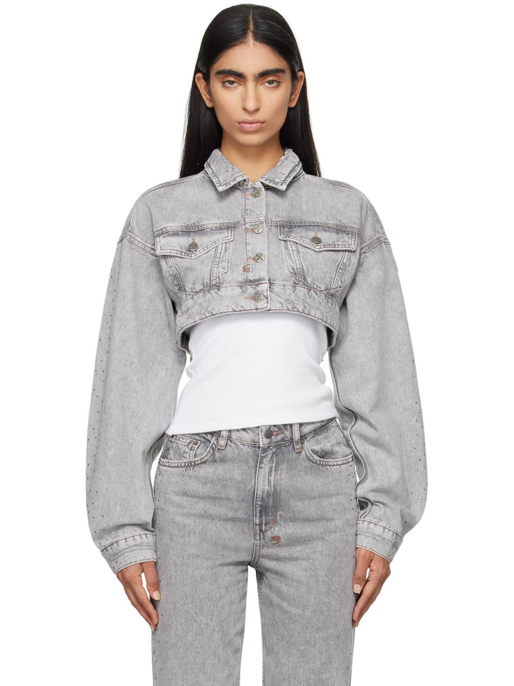 Gray Supercrop Trucker Dime Krystal Denim Jacket - 1