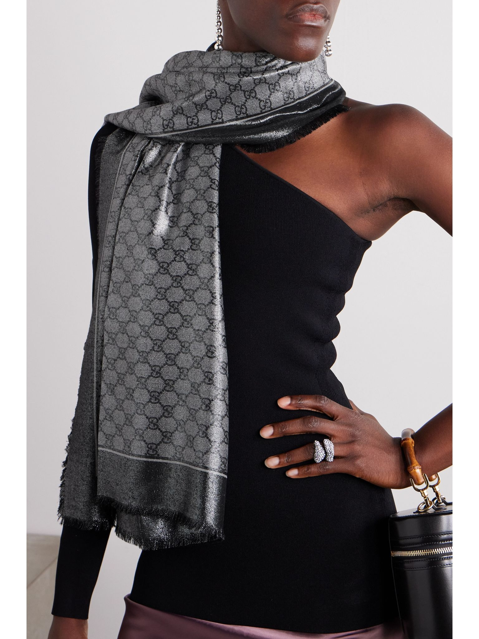 Fringed metallic wool-jacquard scarf Black - 2