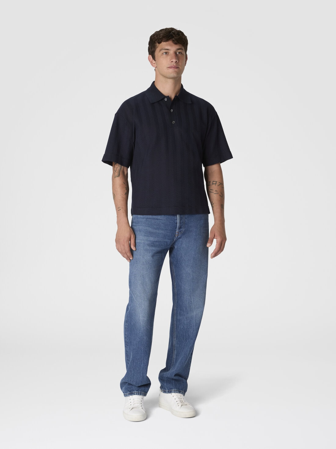 Cotton and viscose polo shirt with tone-on-tone zigzag - 2
