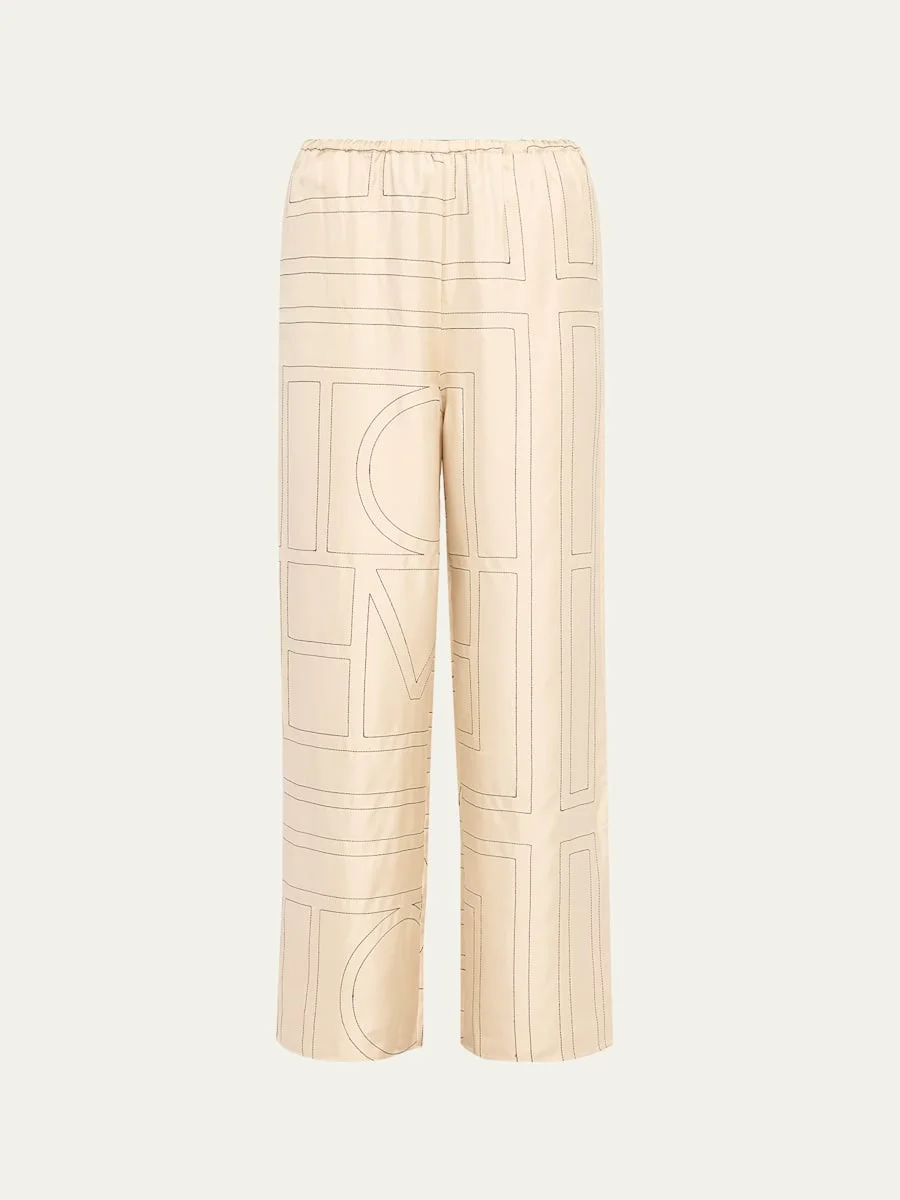 Monogram-Embroidered Silk Pajama Pants - 1