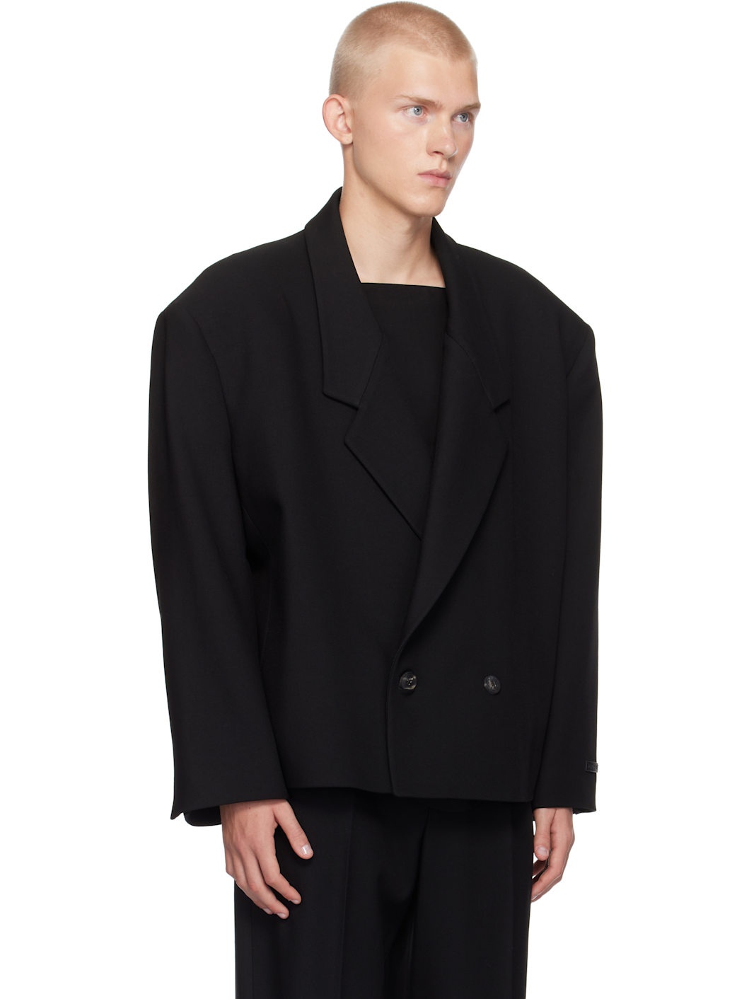 Black Wool Gabardine Cropped Blazer - 2