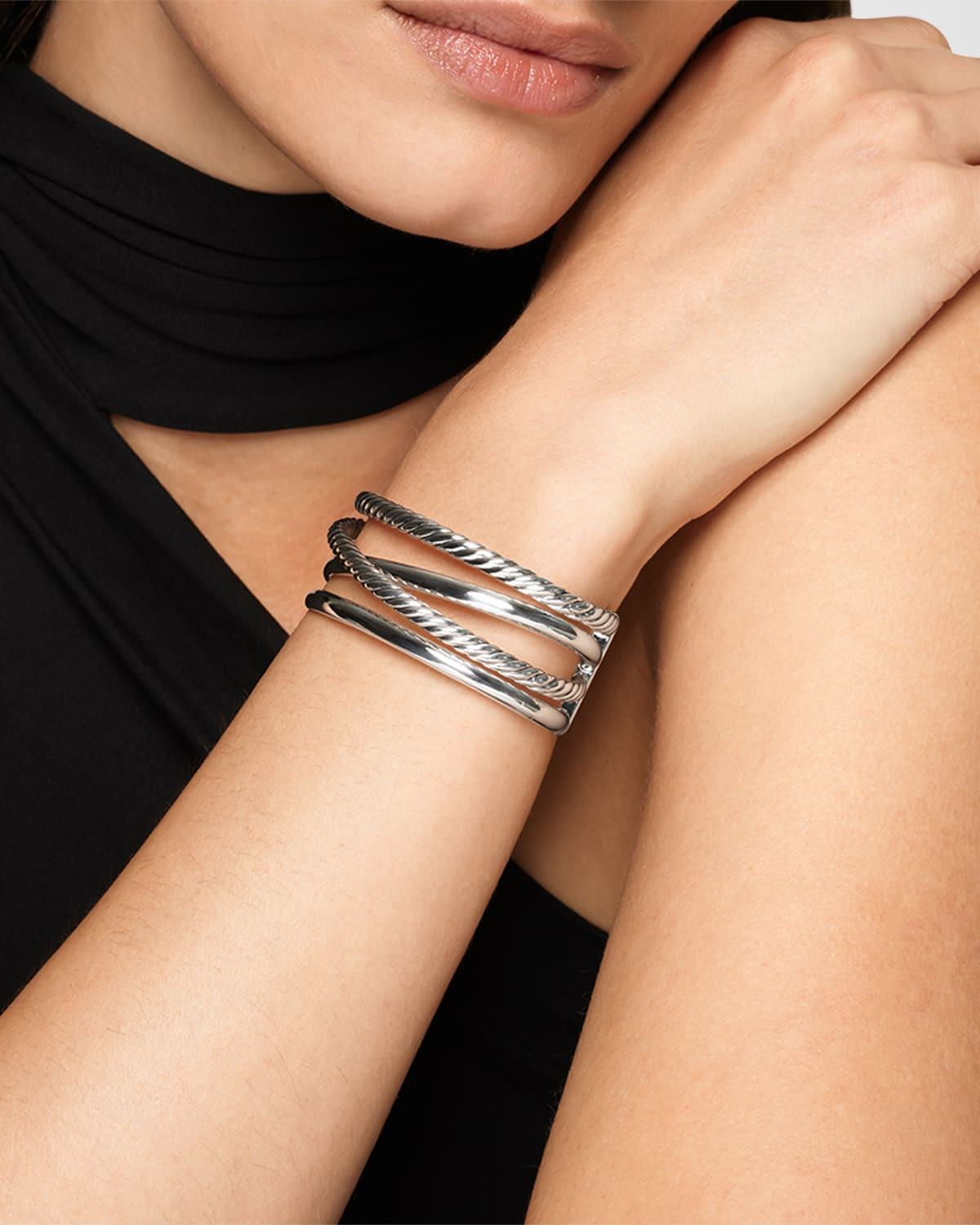Crossover 5 Row Cuff Bracelet in Silver, 25mm - 2