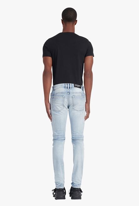 Slim cut ripped light blue cotton jeans with synthetic leather panels - 3