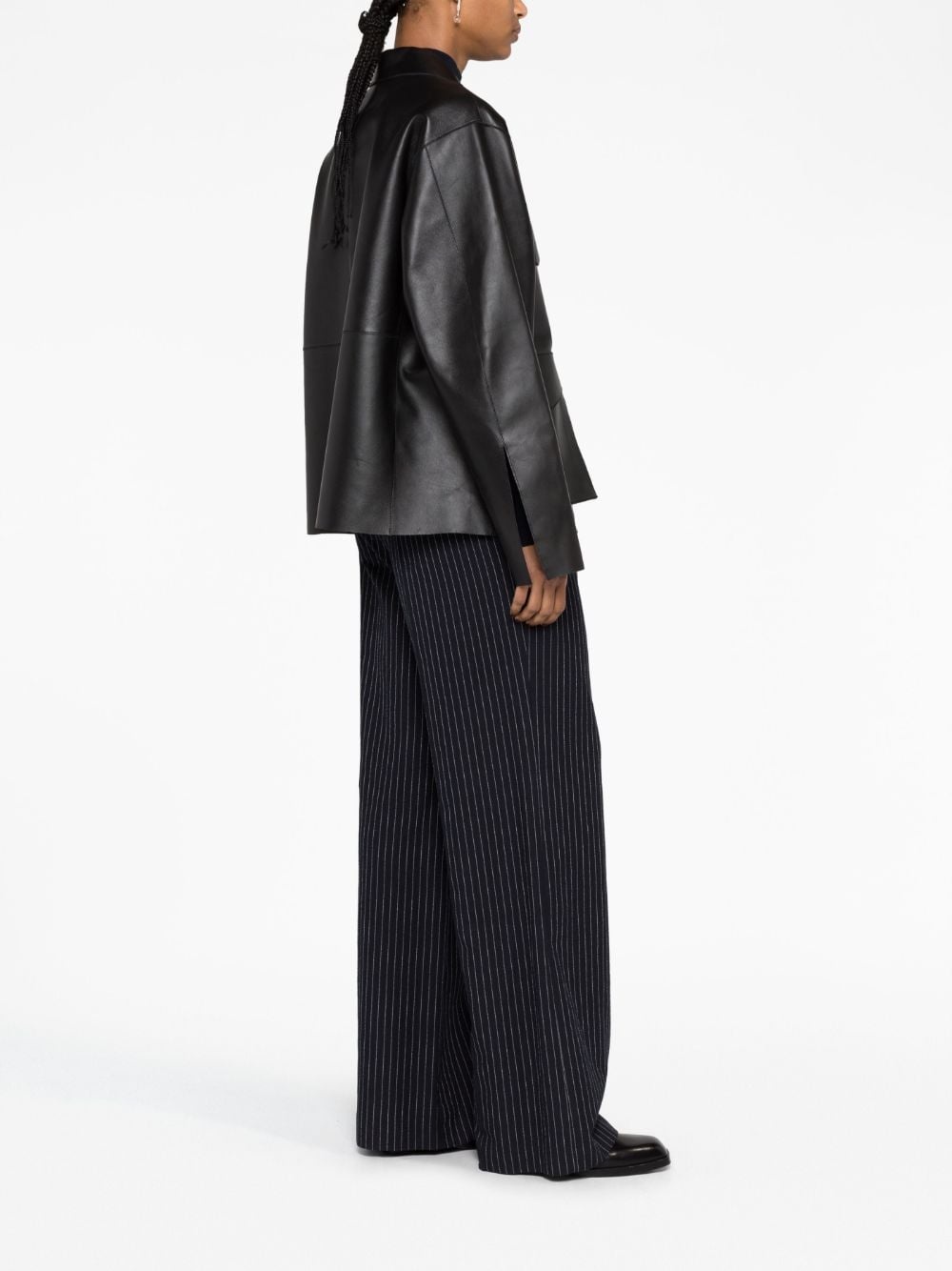 zipped wide-sleeve leather jacket - 4