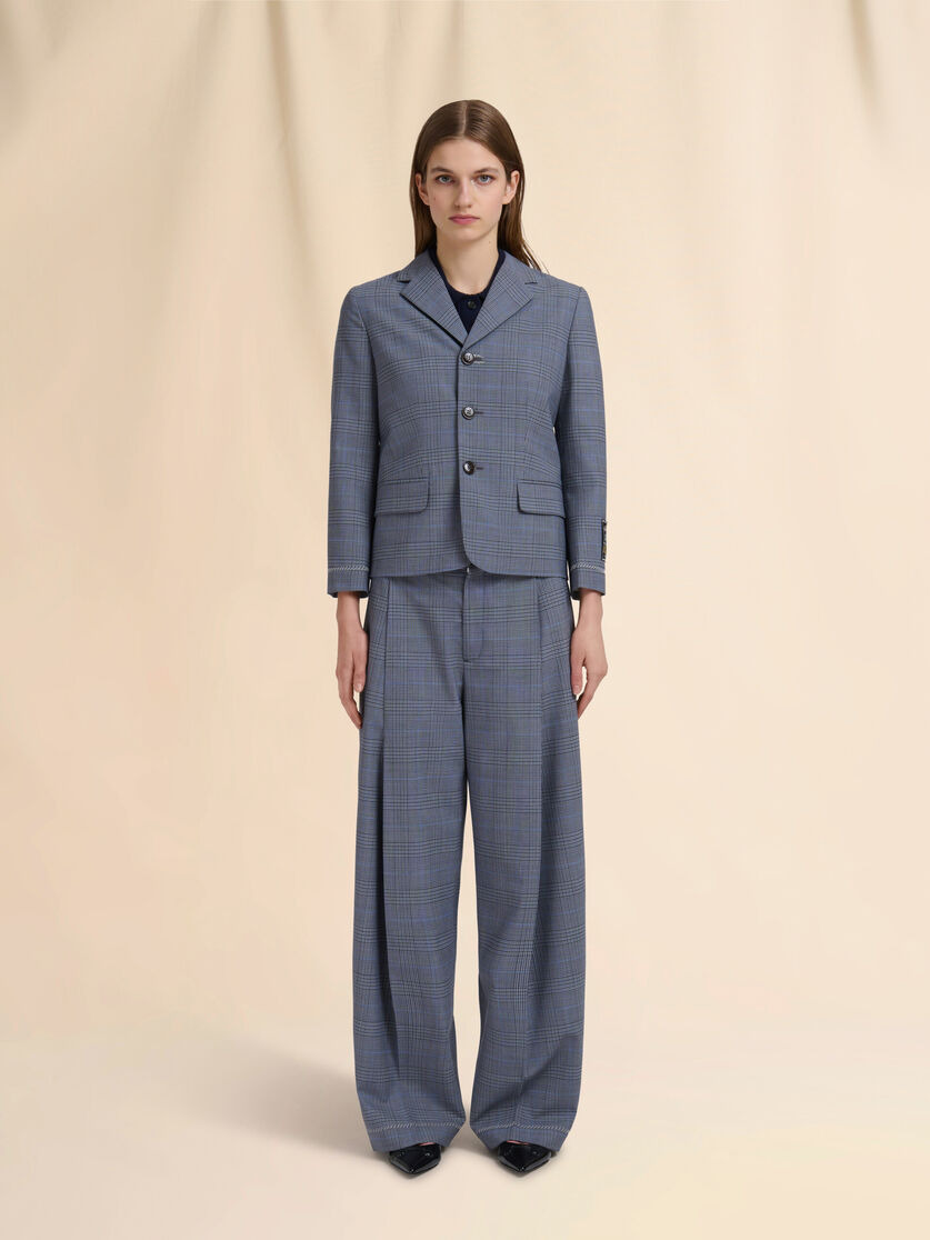 BLUE WOOL CROPPED JACKET WITH PRINCE OF WALES CHECK - 2
