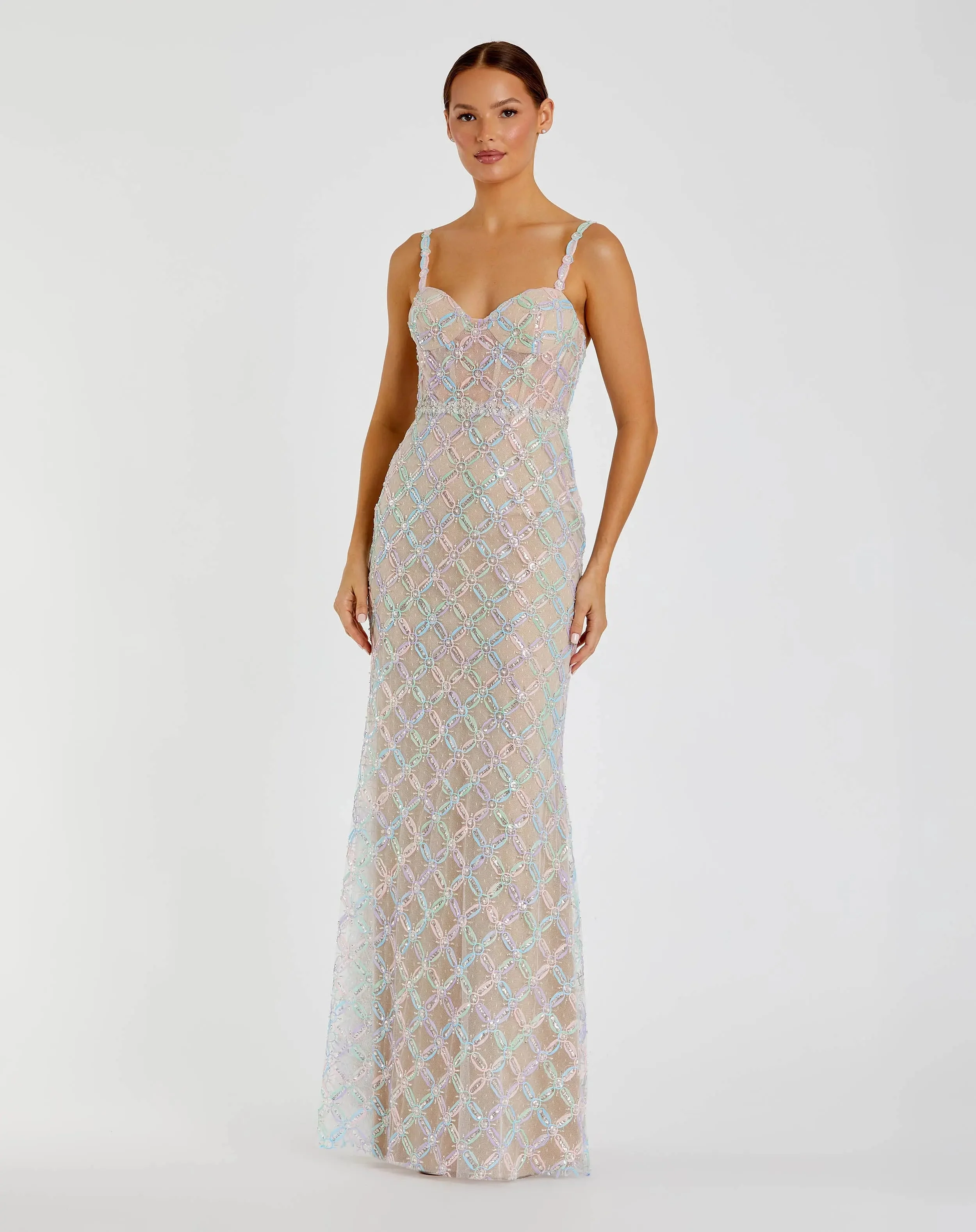 Nude Pearl Embellished Bustier Column Gown - 1