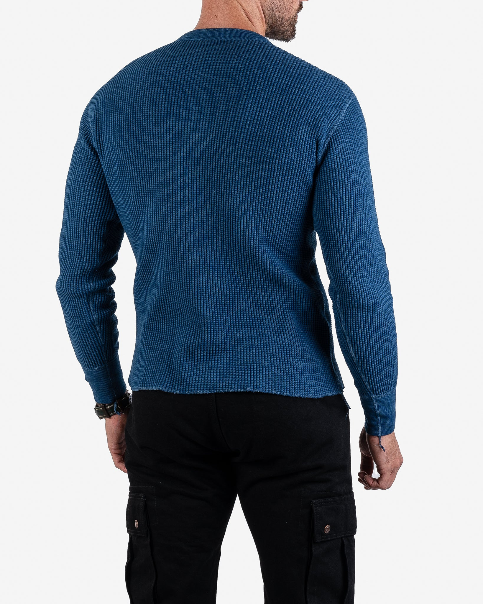 IHTL-1213-IND Waffle Knit Long Sleeved Thermal Henley - Indigo Dyed - 3