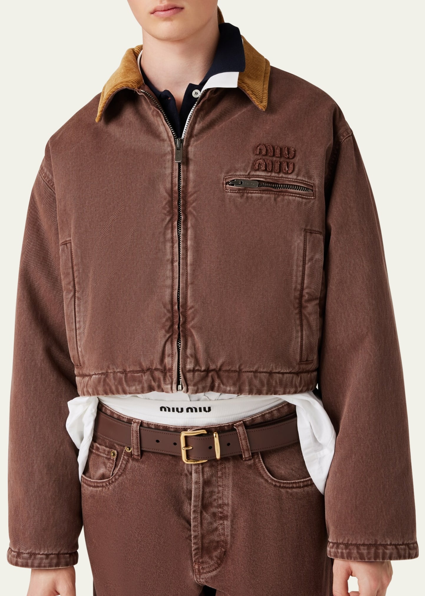Zip-Up Corduroy Collar Crop Padded Bomber Jacket - 4