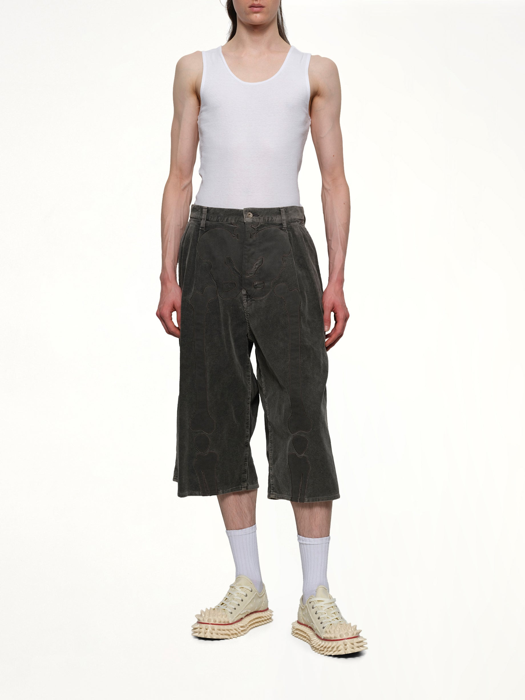 Bone Applique Corduroy Croppedpants in Grey - 4