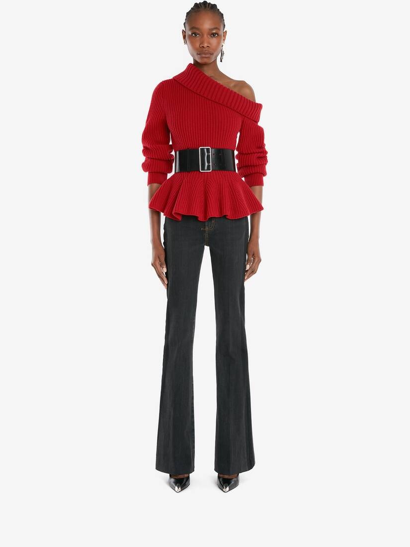 One-shoulder Peplum Jumper in Welsh Red - 2