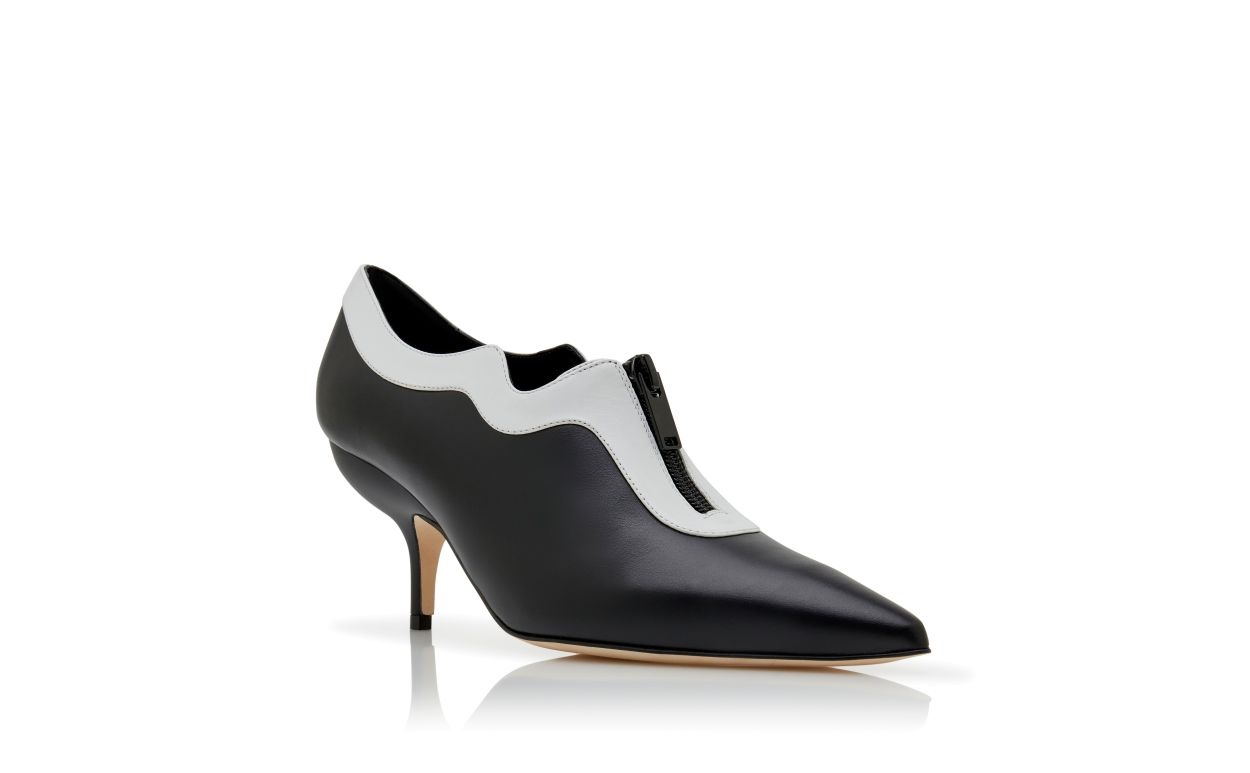 Black and White Calf Leather Zip Detail Pumps - 3