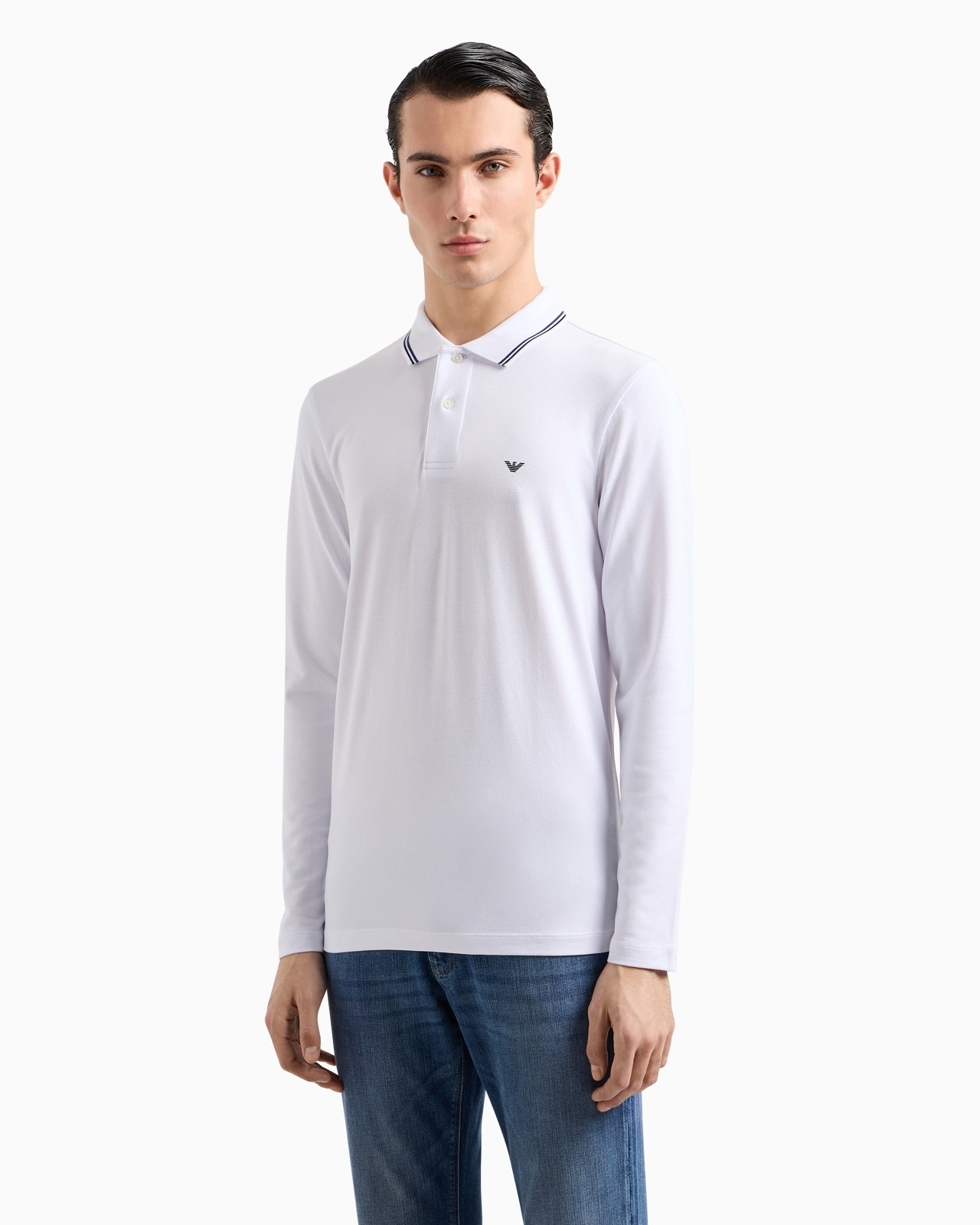 Long-sleeved stretch piqué polo shirt with micro eagle embroidery - 4