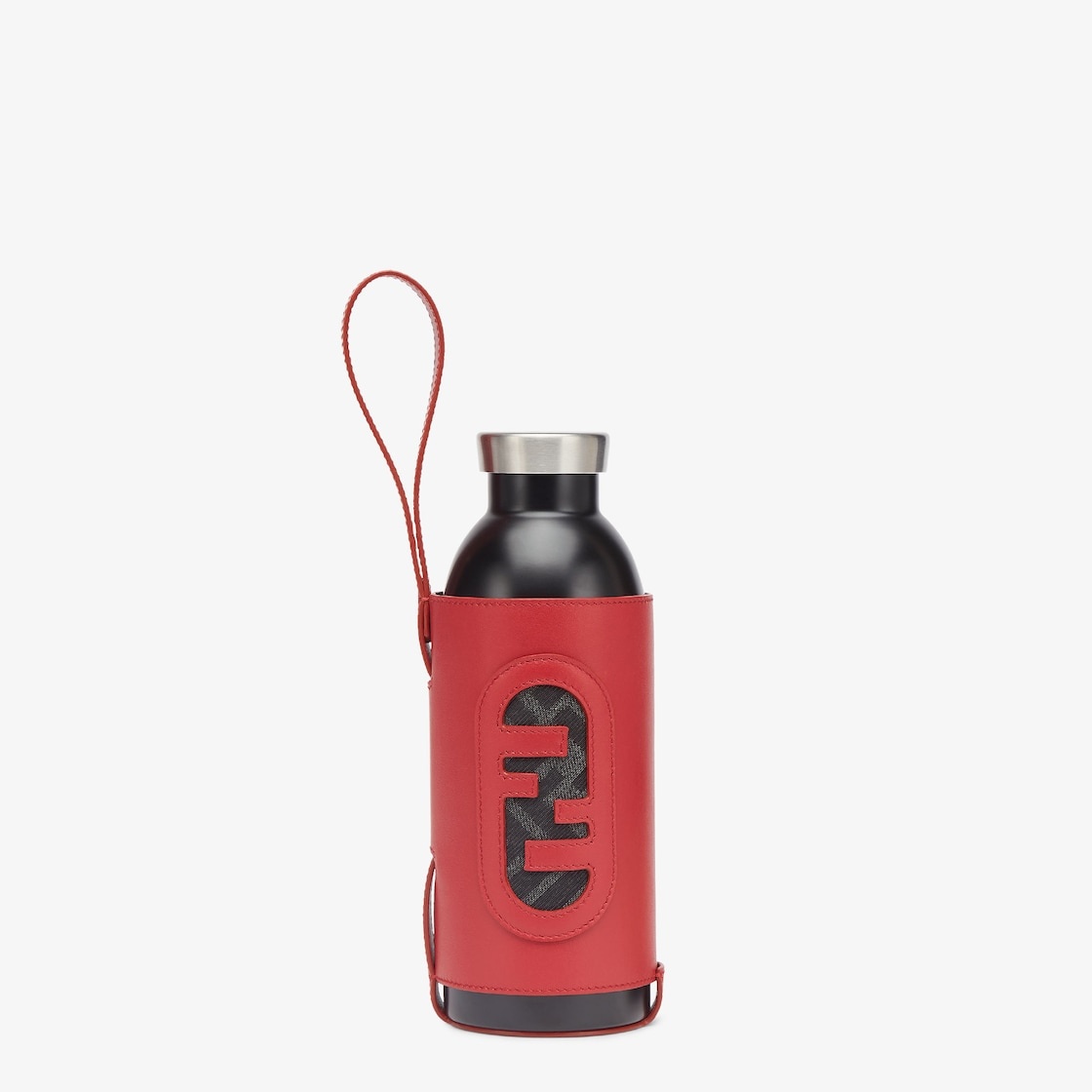 Thermal flask in black brushed steel, with engraved FENDI ROMA lettering and FF branded lid. Red lea - 1