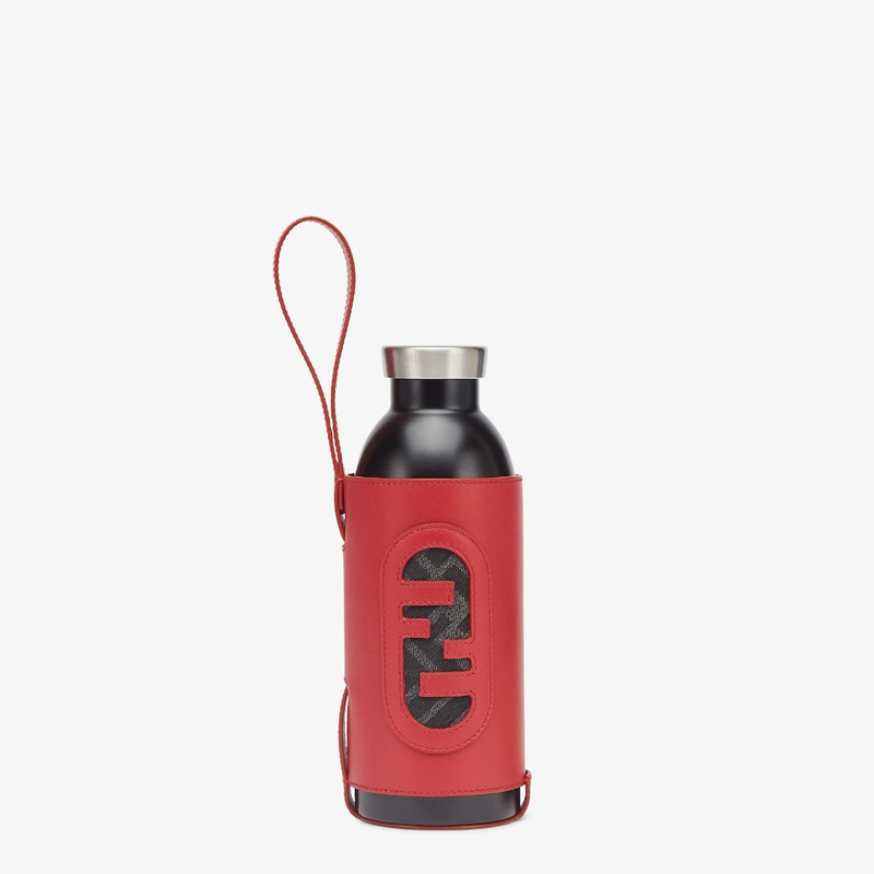 Thermal flask in black brushed steel, with engraved FENDI ROMA lettering and FF branded lid. Red lea 1