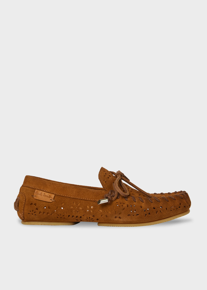 Women's Tan 'Sonna' Perforated Floral Suede Moccasins 1