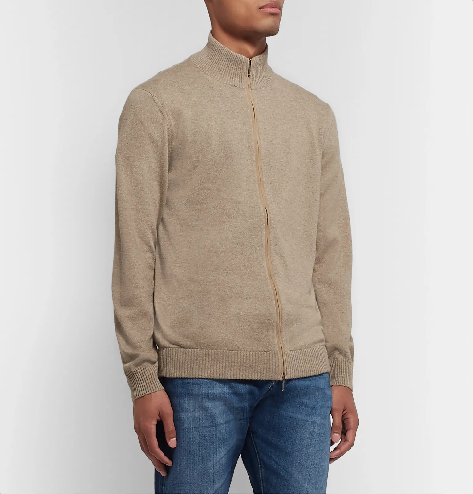 Suede-Trimmed Mélange Cashmere Zip-Up Cardigan - 4