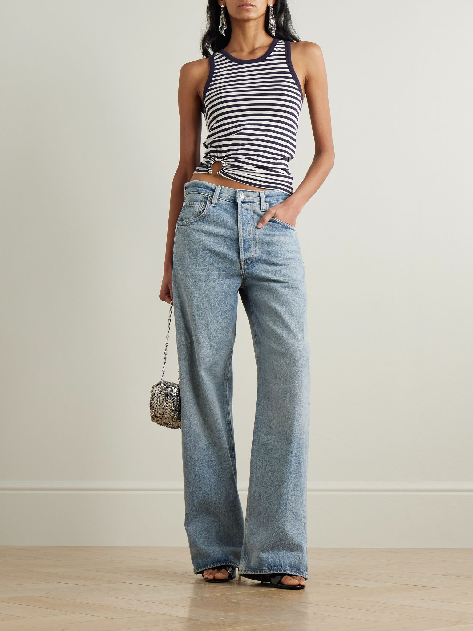 Embellished striped cotton-blend jersey tank White - 2