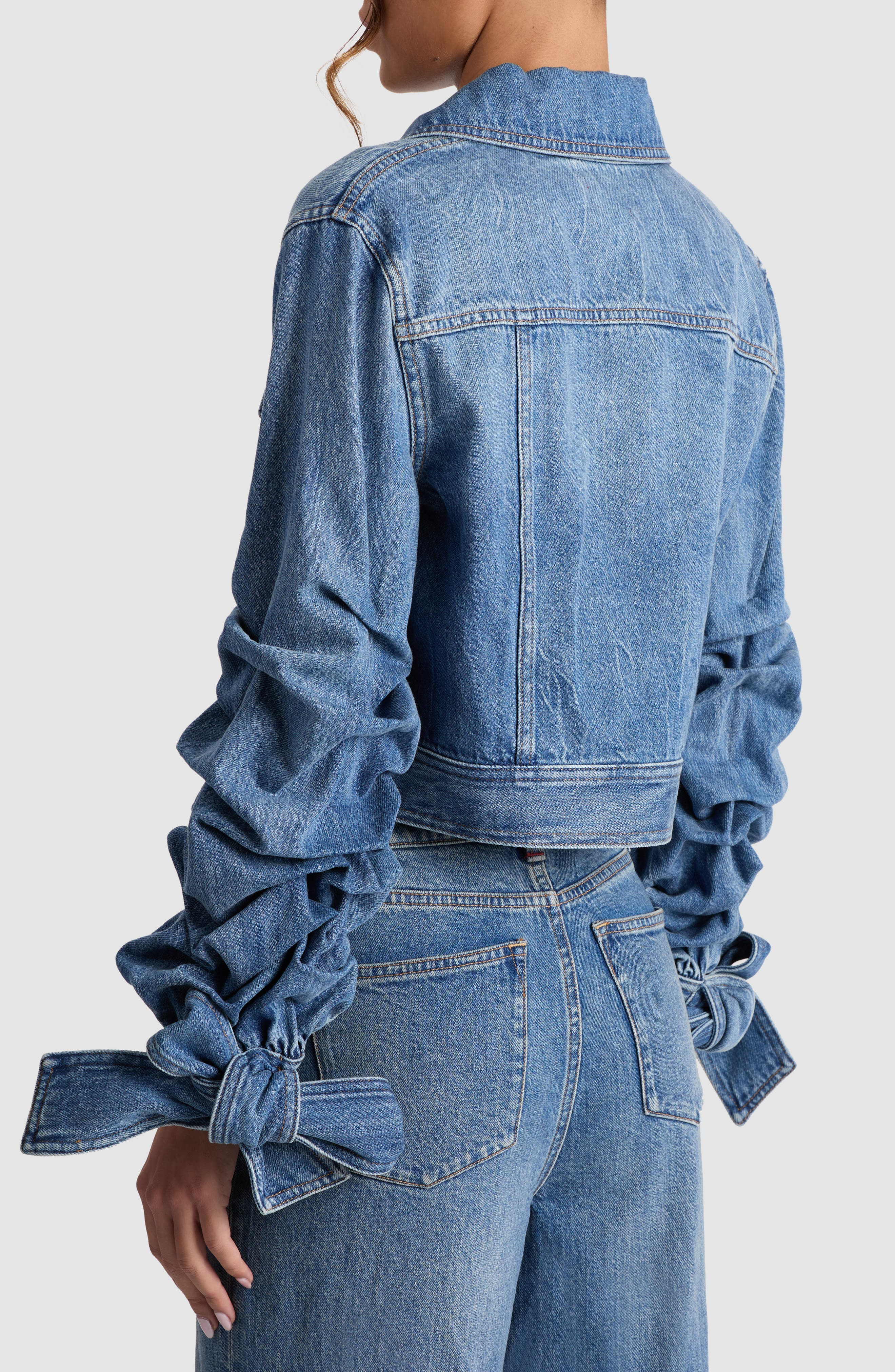 Alice + Olivia Tiff Bow Cuff Crop Denim Jacket in Ami Blue at Nordstrom - 2