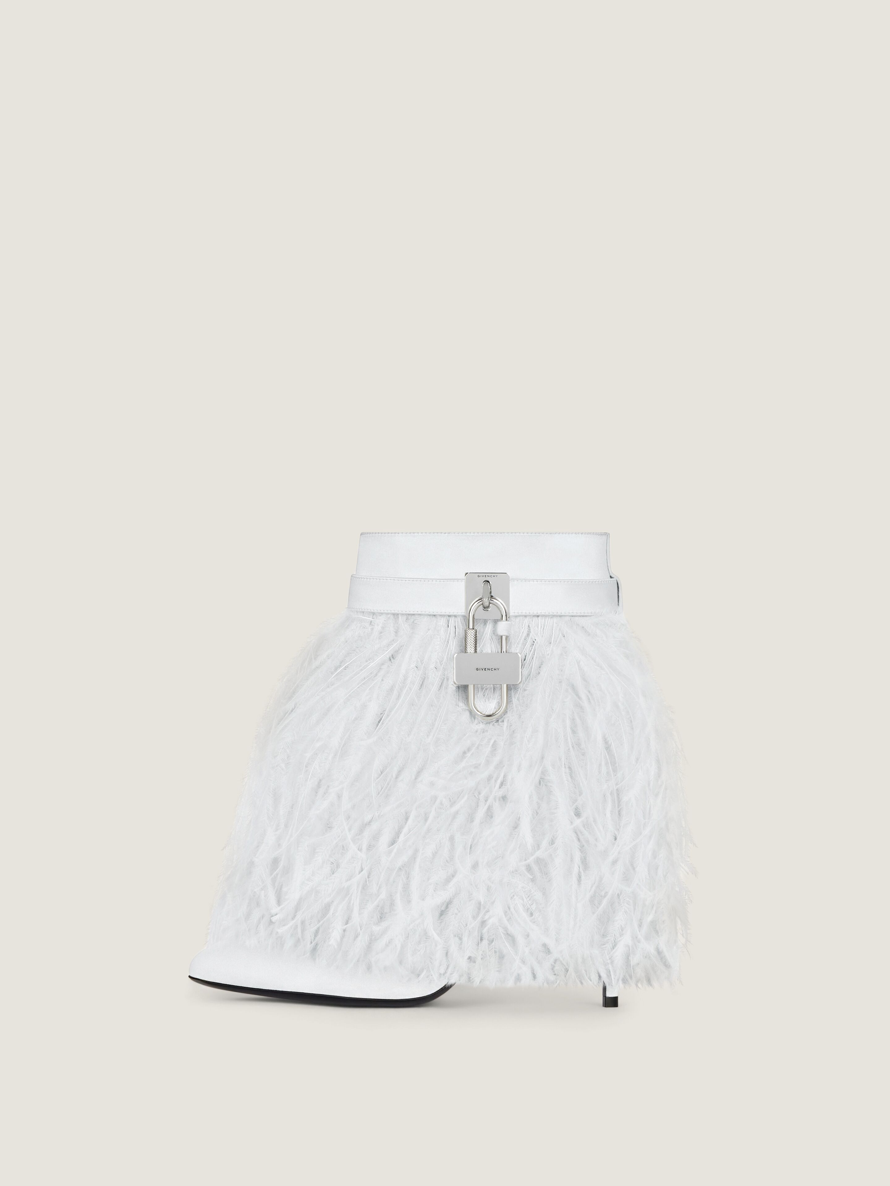 SHARK LOCK STILETTO ANKLE BOOTS IN SATIN WITH FEATHERS - 4