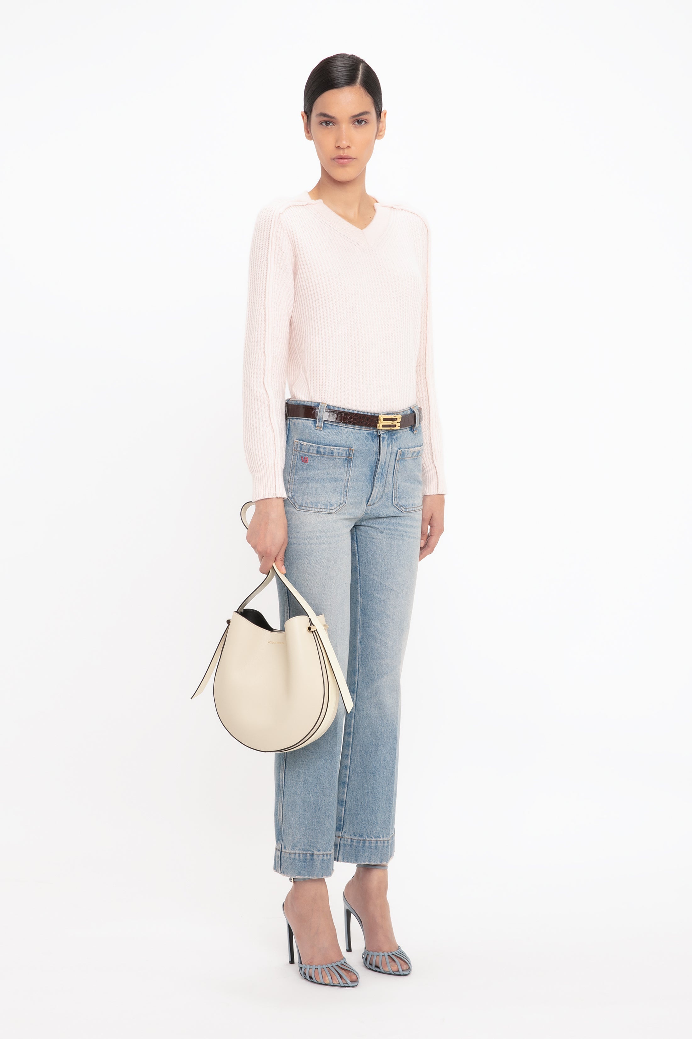 V Neck Knitted Jumper In Pale Peach - 3