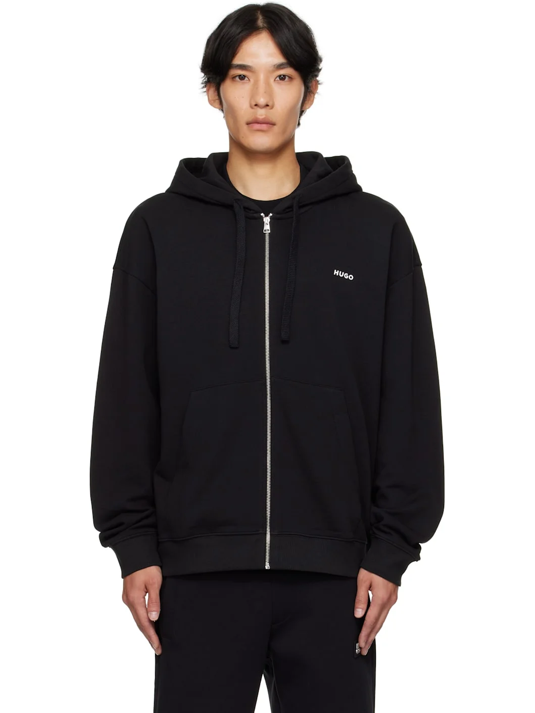 Black Relaxed-Fit Cotton Terry Zip-Up Hoodie - 1