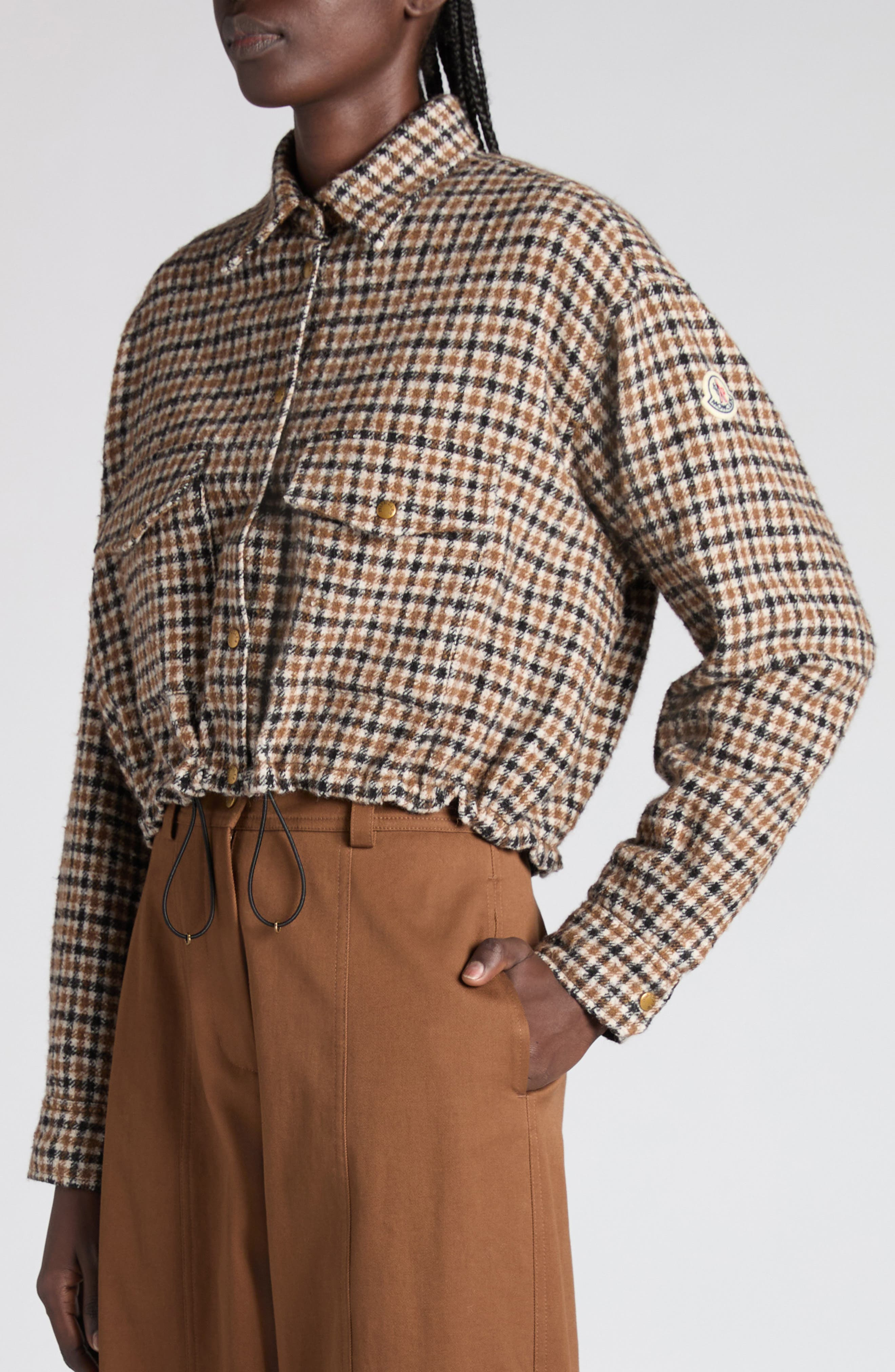 Moncler Houndstooth Wool Blend Blouson Jacket in Brown/Beige Check at Nordstrom - 5