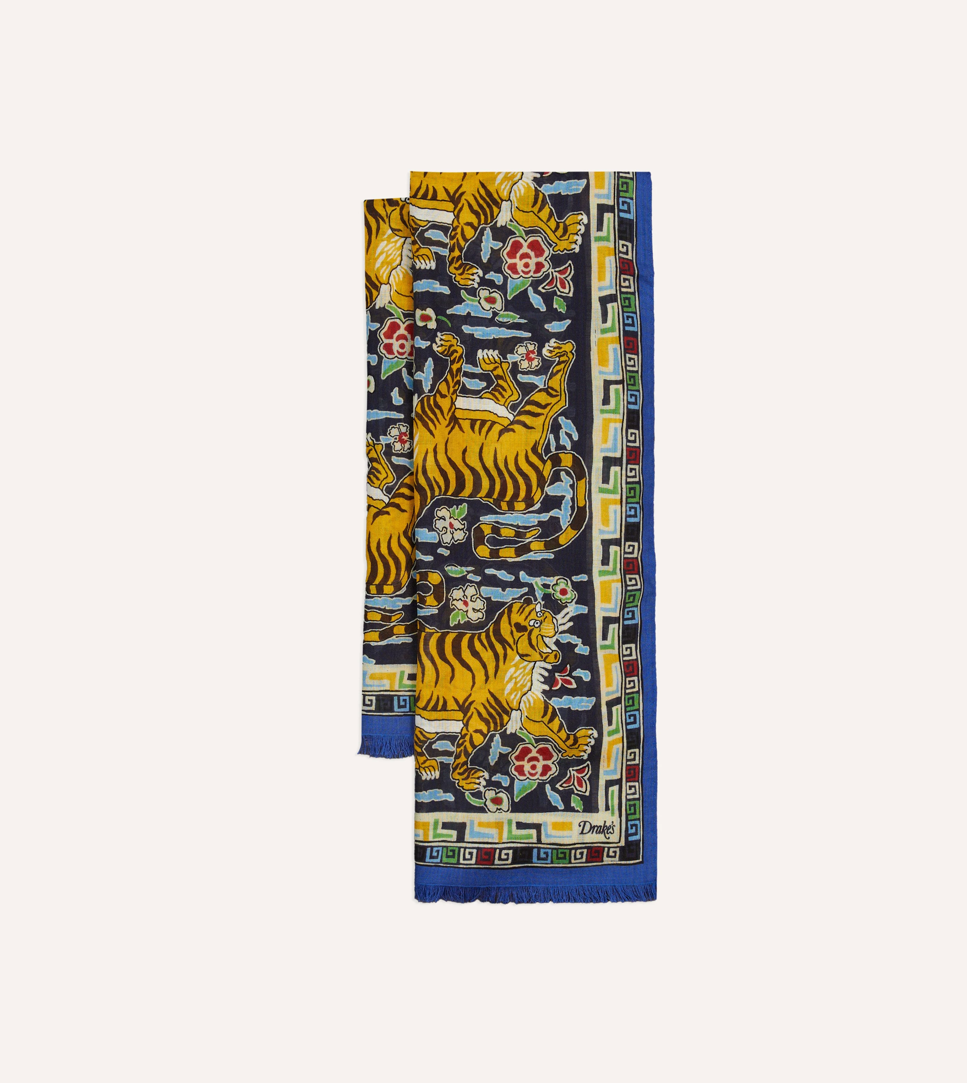 Blue Jumbo Tiger Print Wool-Silk Scarf - 1