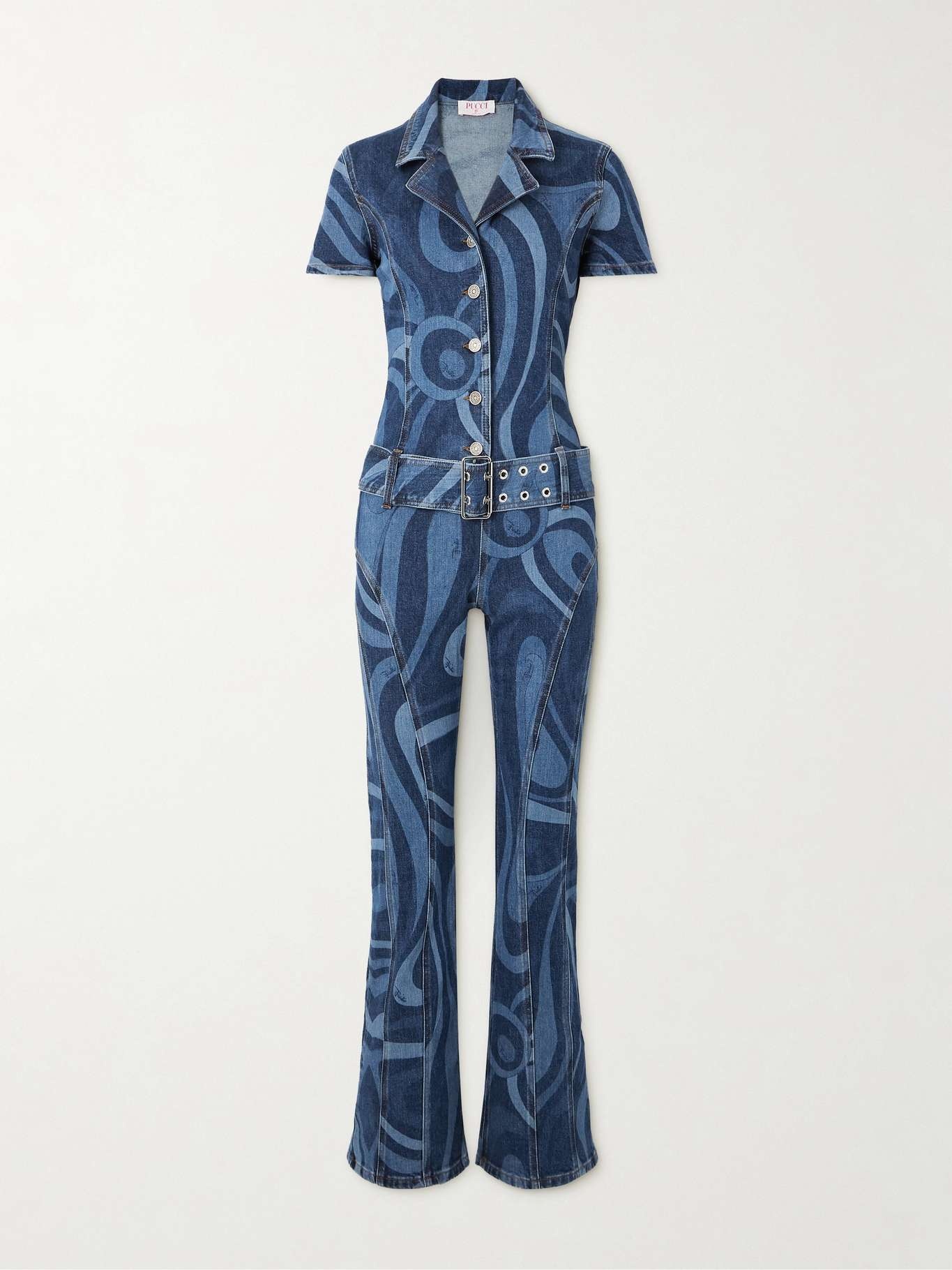 Belted printed denim jumpsuit - 1