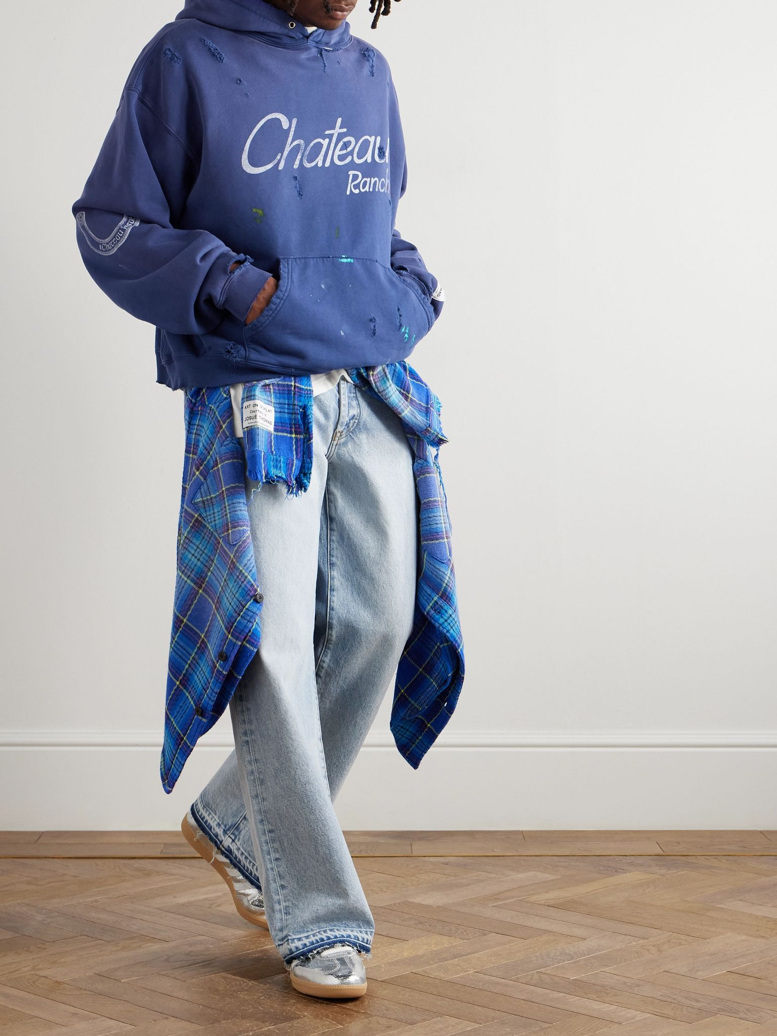 Chateau Ranch Distressed Paint-Splattered Logo-Print Supima Cotton-Jersey Hoodie Blue - 2