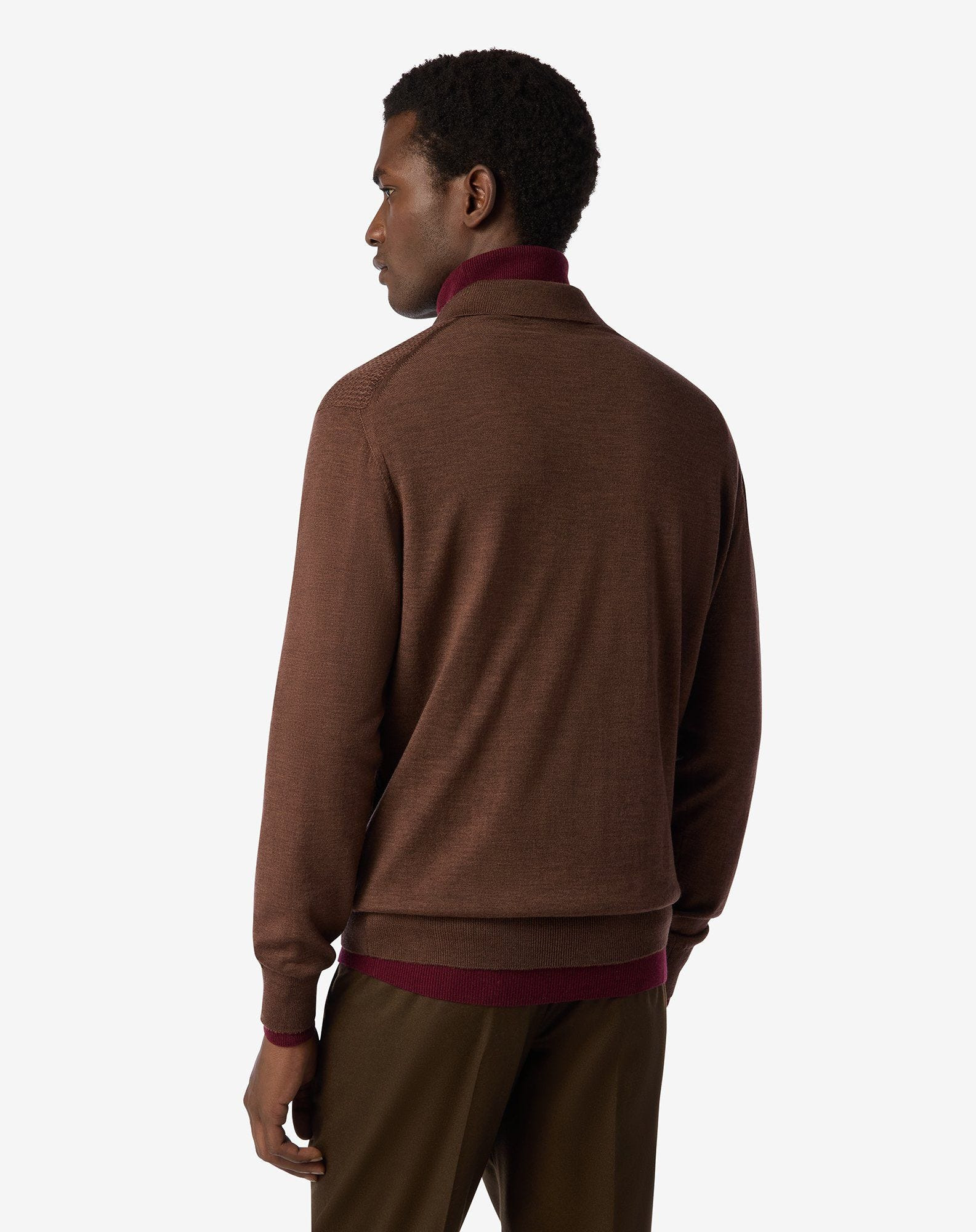 Tobacco brown zip-up extra fine wool polo shirt - 3