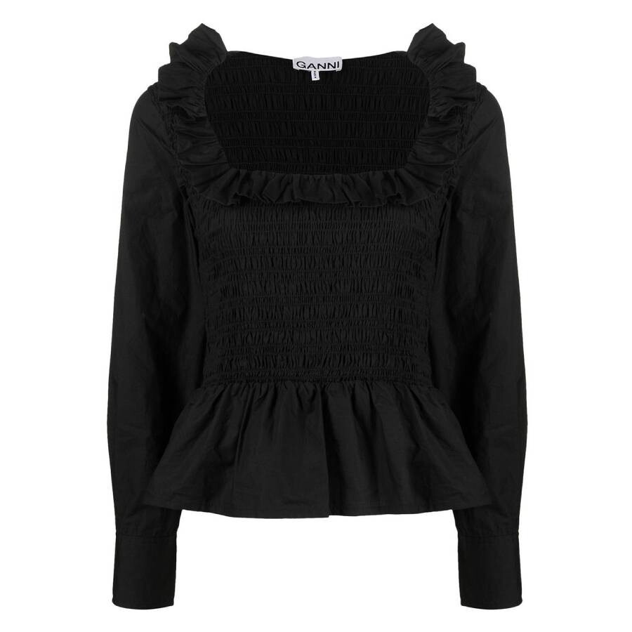 Ganni Black Cotton Poplin Ruffled Smock Blouse - 5
